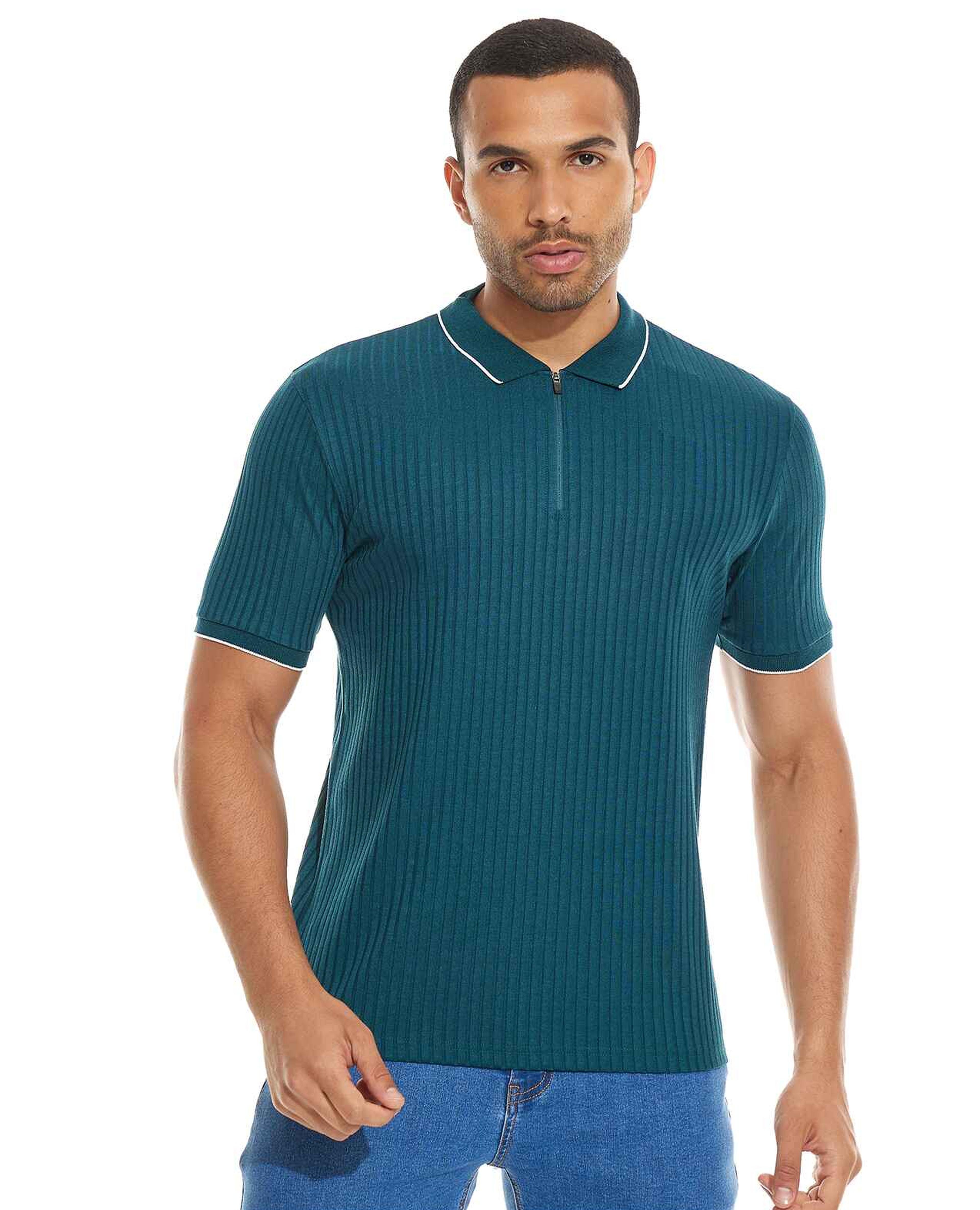 Ribbed Polo T-Shirt with Short Sleeves