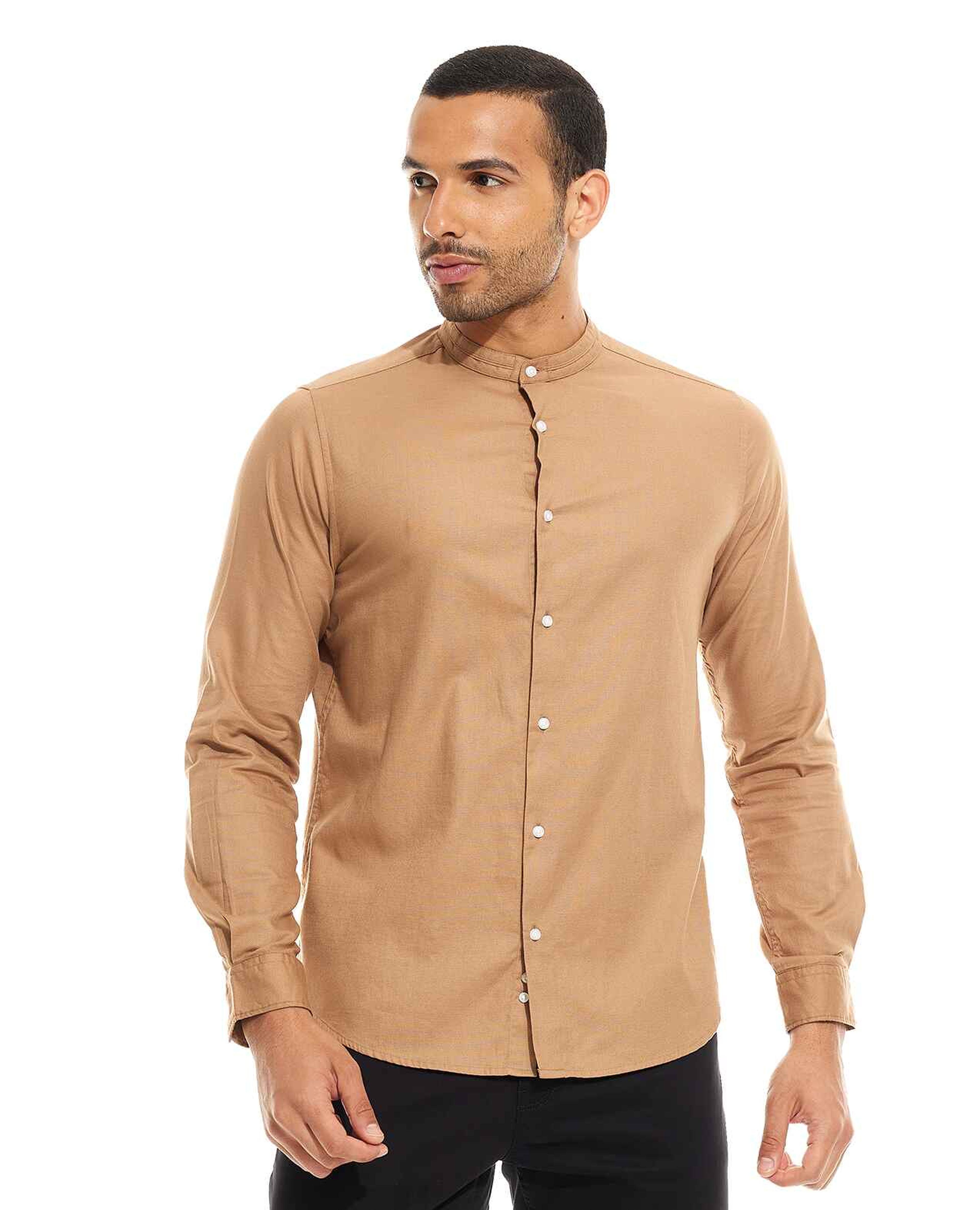 Solid Shirt with Stand Collar and Long Sleeves