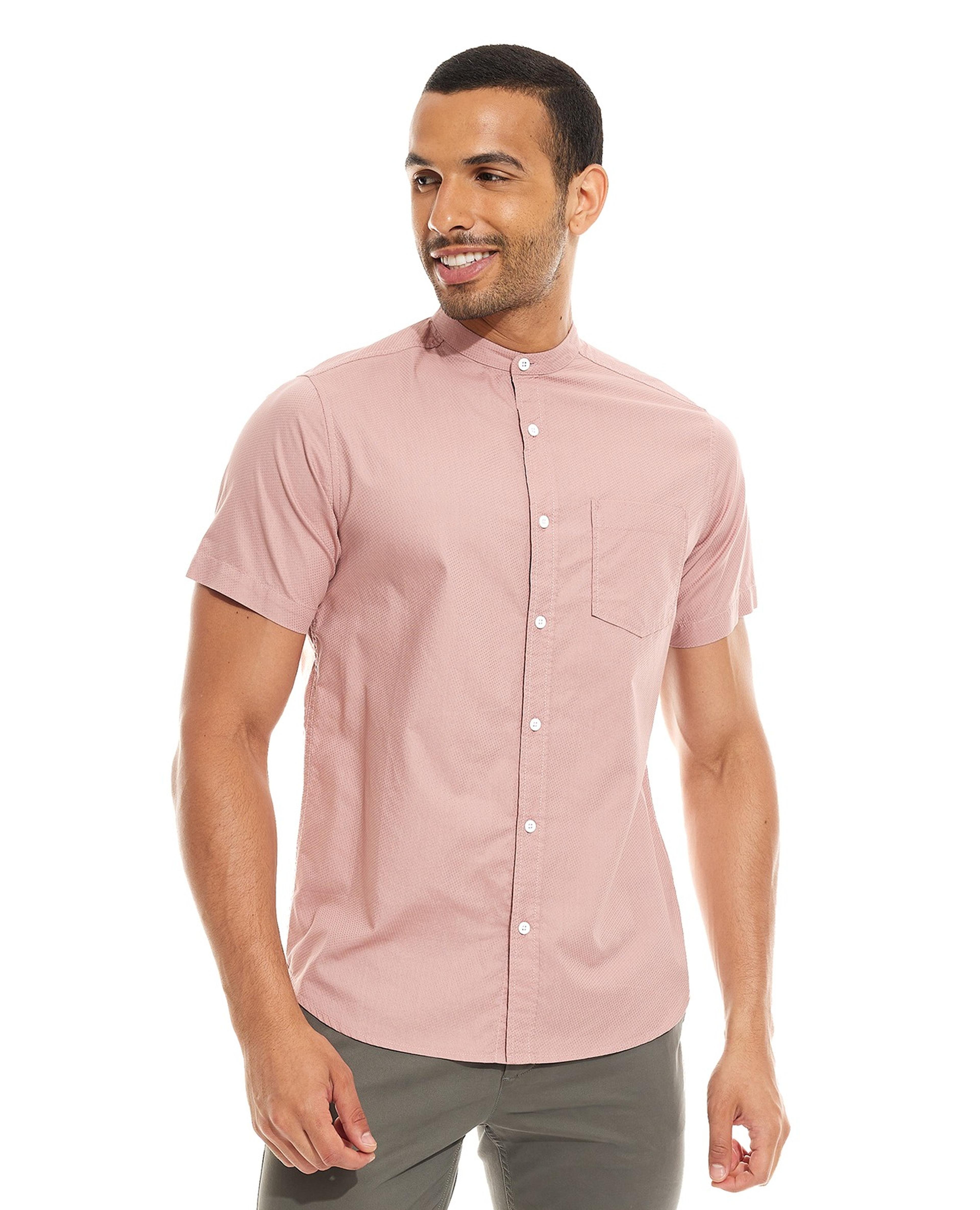 Solid Shirt with Stand Collar and Short Sleeves