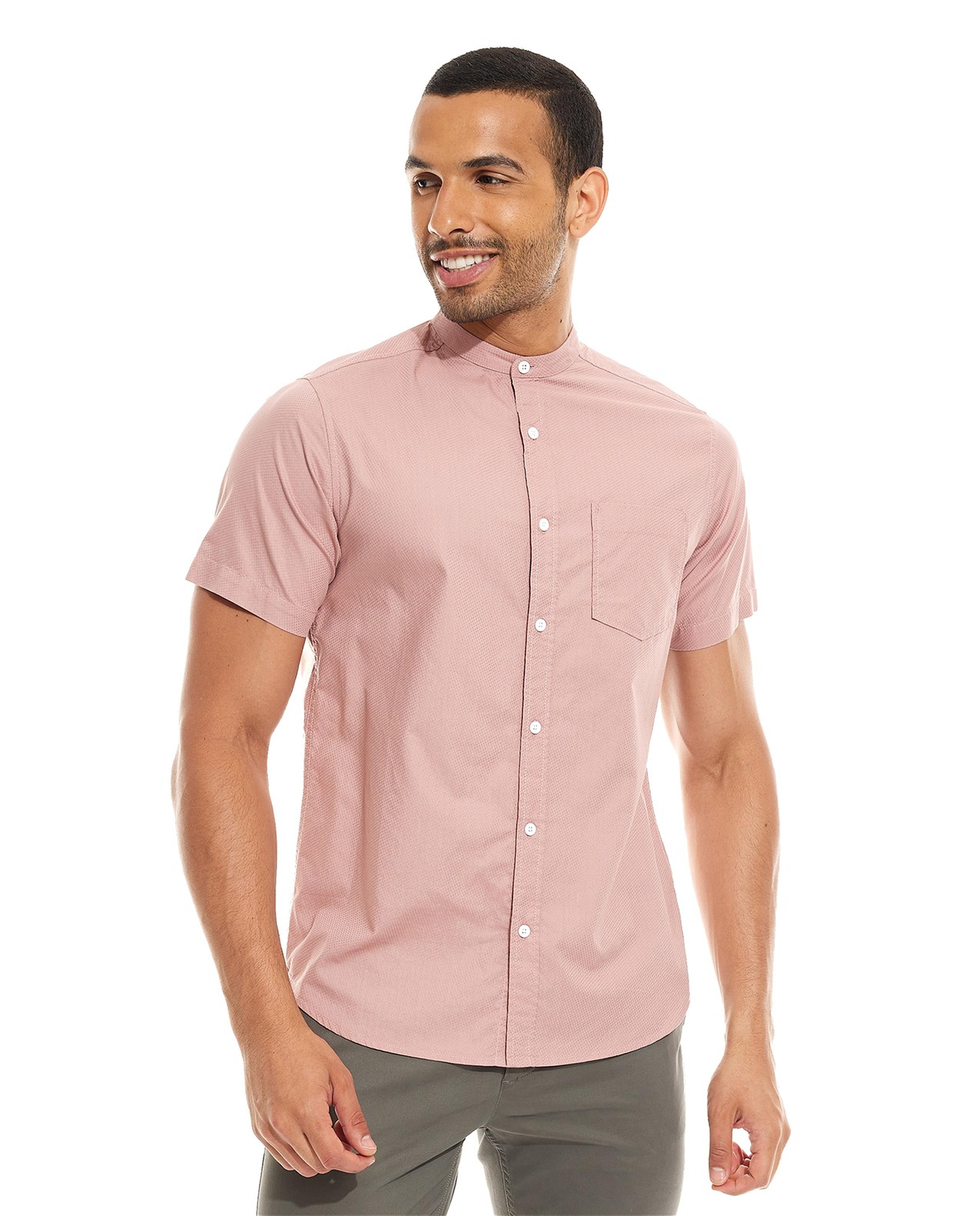 Solid Shirt with Stand Collar and Short Sleeves