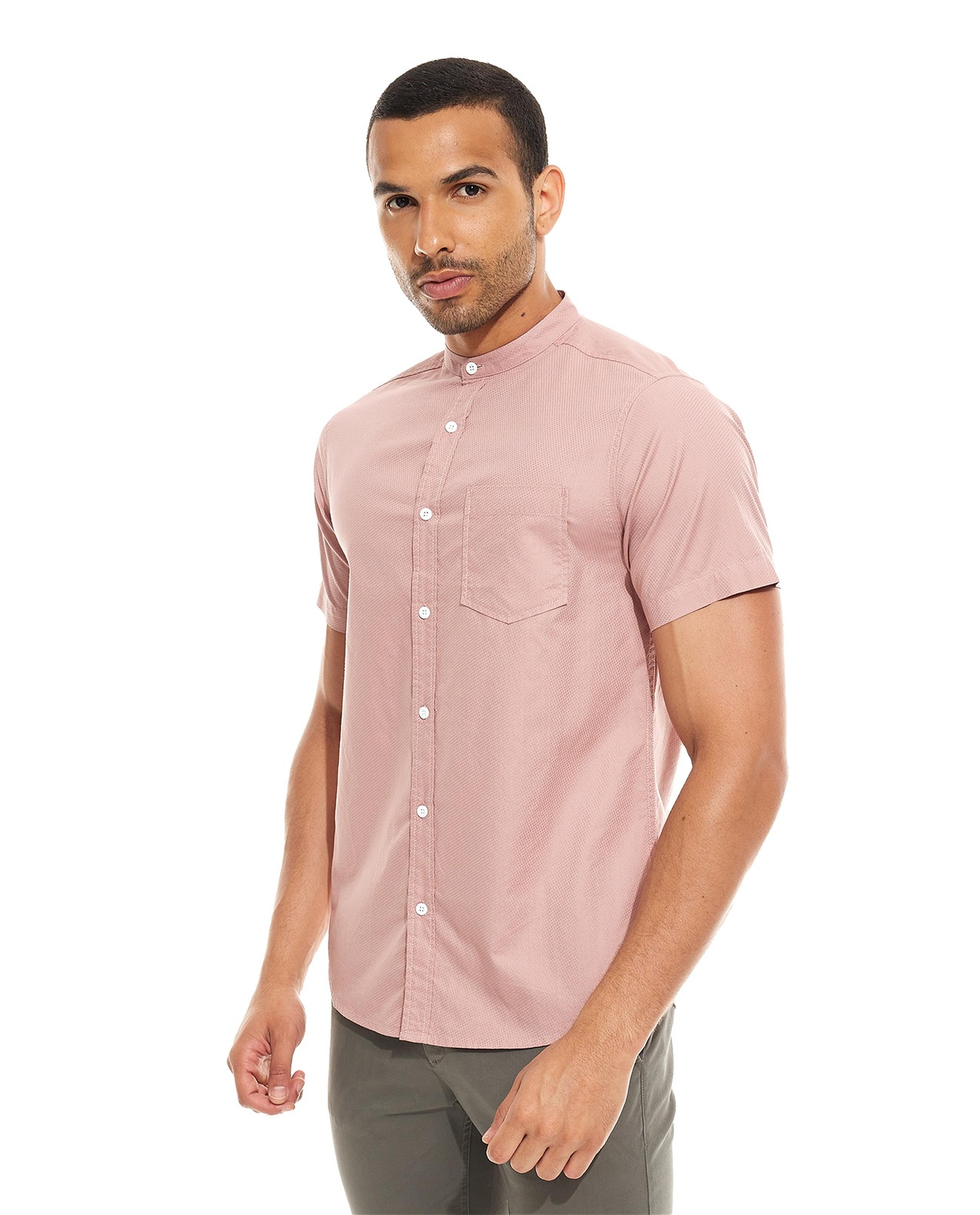 Solid Shirt with Stand Collar and Short Sleeves