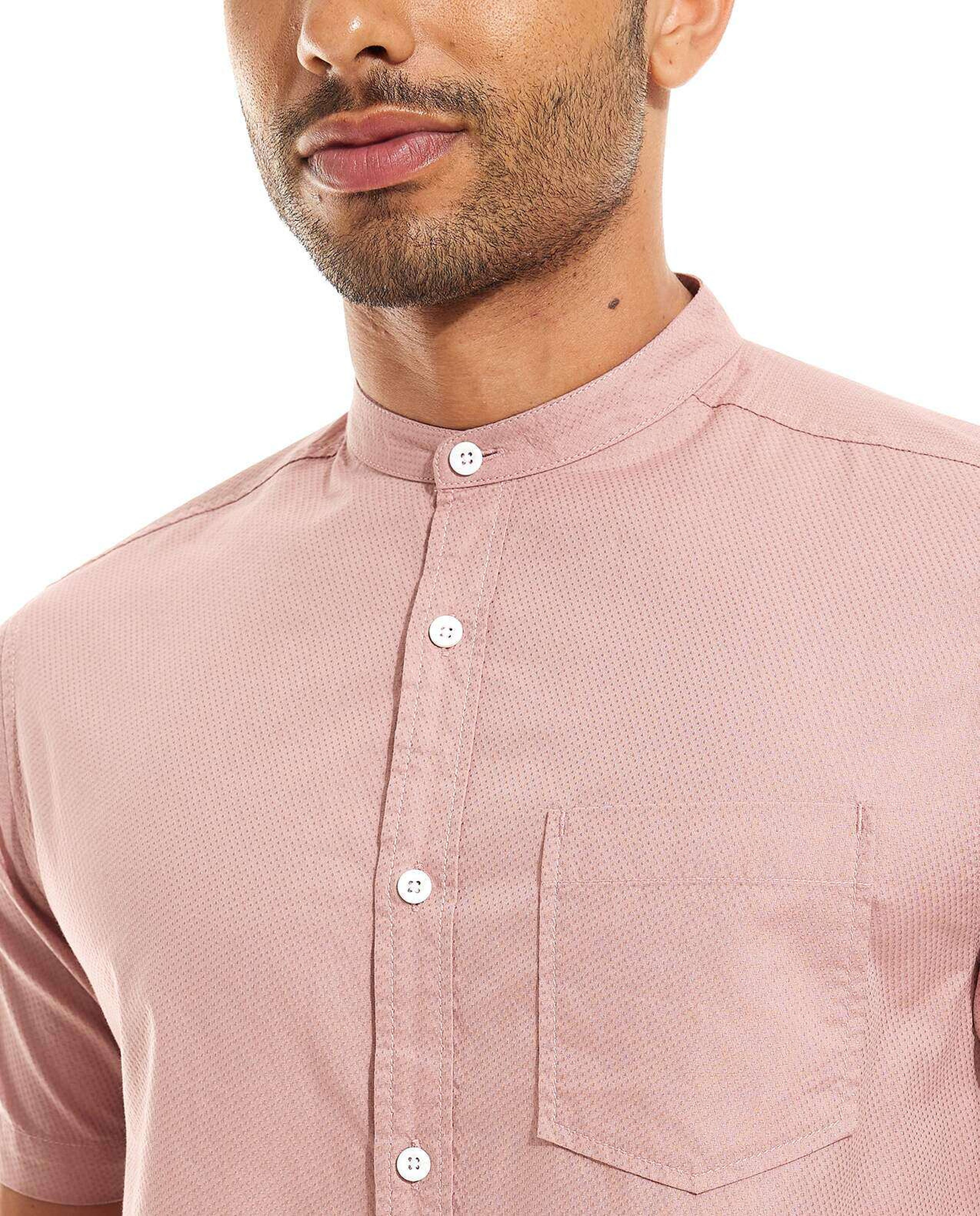 Solid Shirt with Stand Collar and Short Sleeves