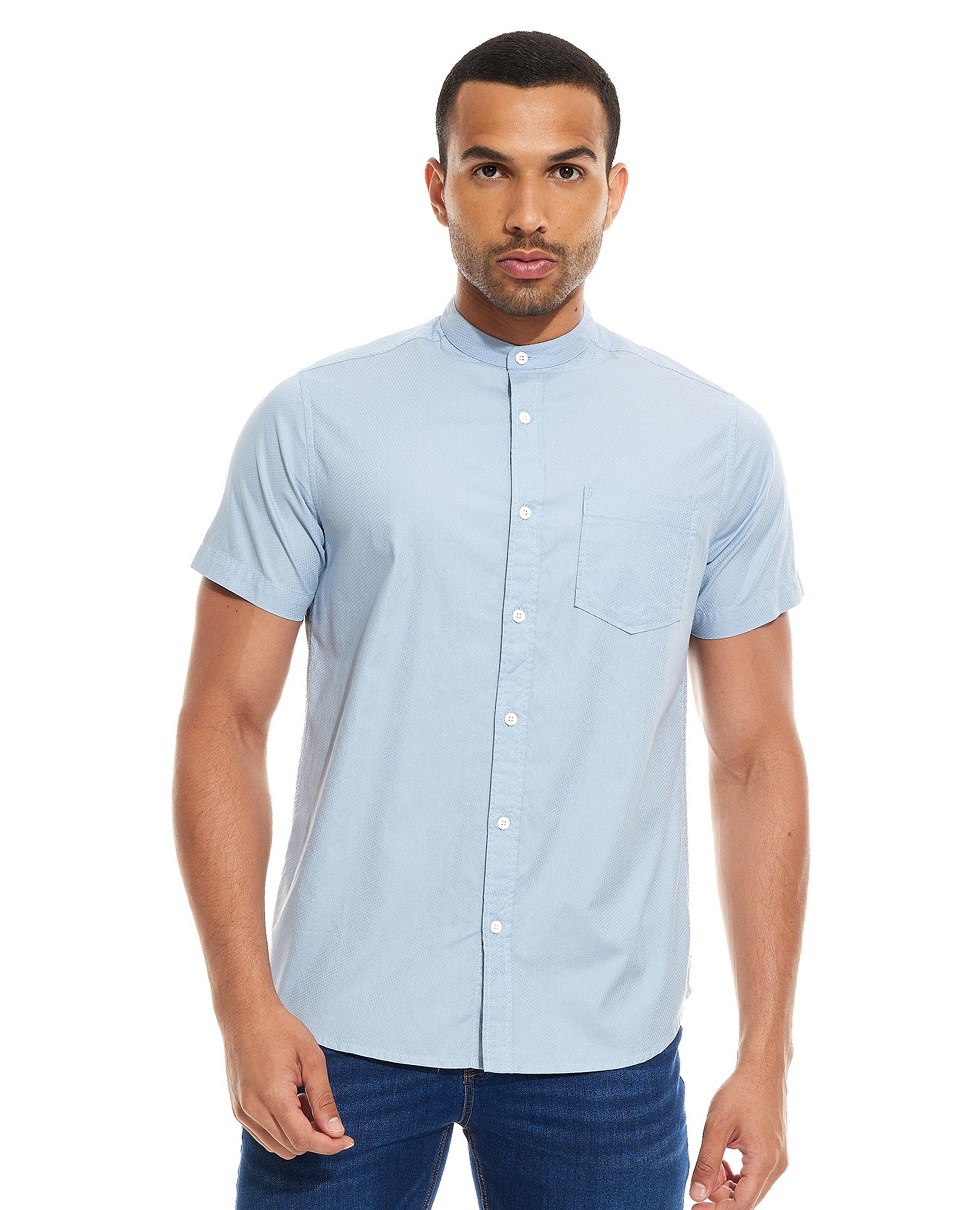 Solid Shirt with Stand Collar and Short Sleeves
