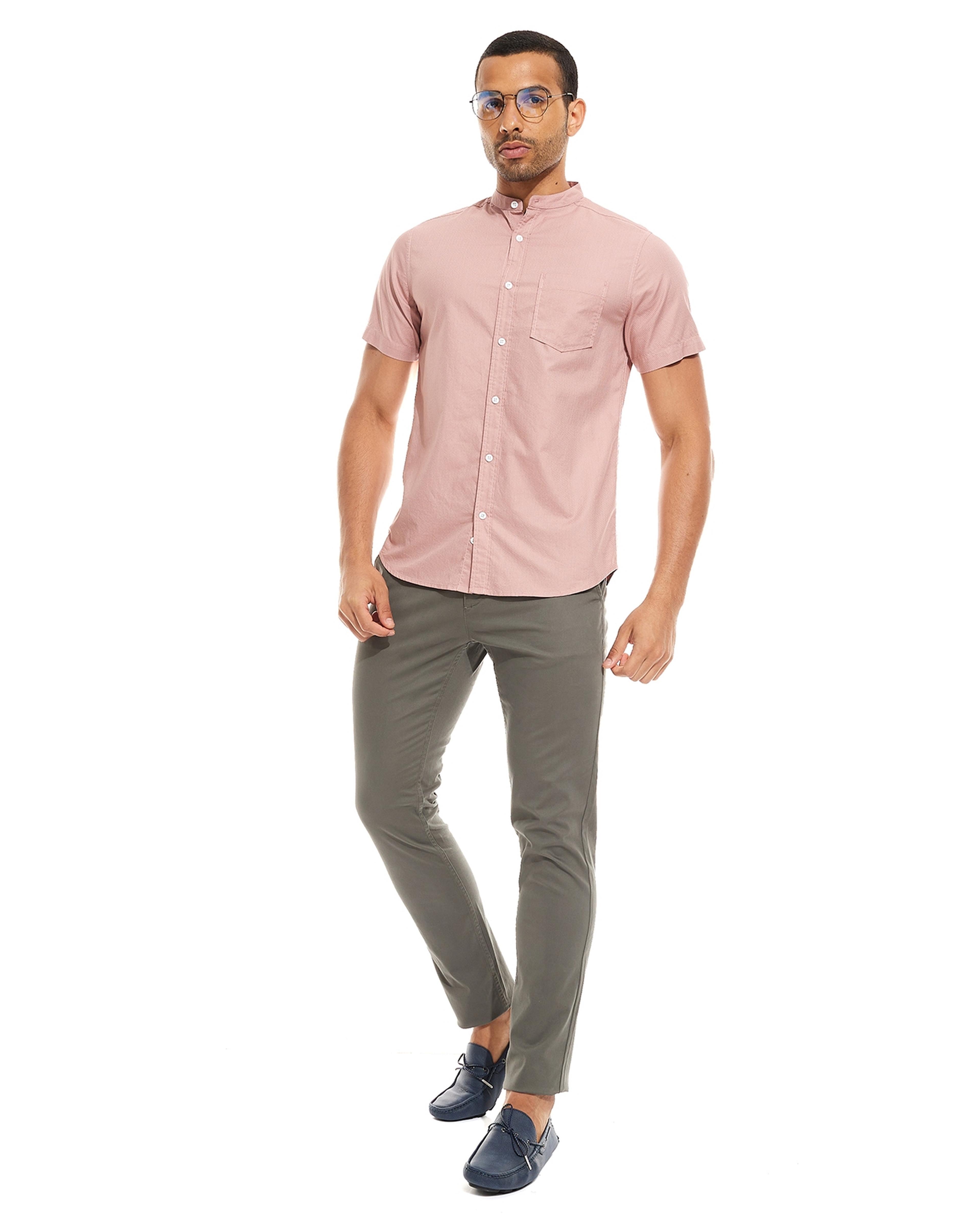 Solid Shirt with Stand Collar and Short Sleeves