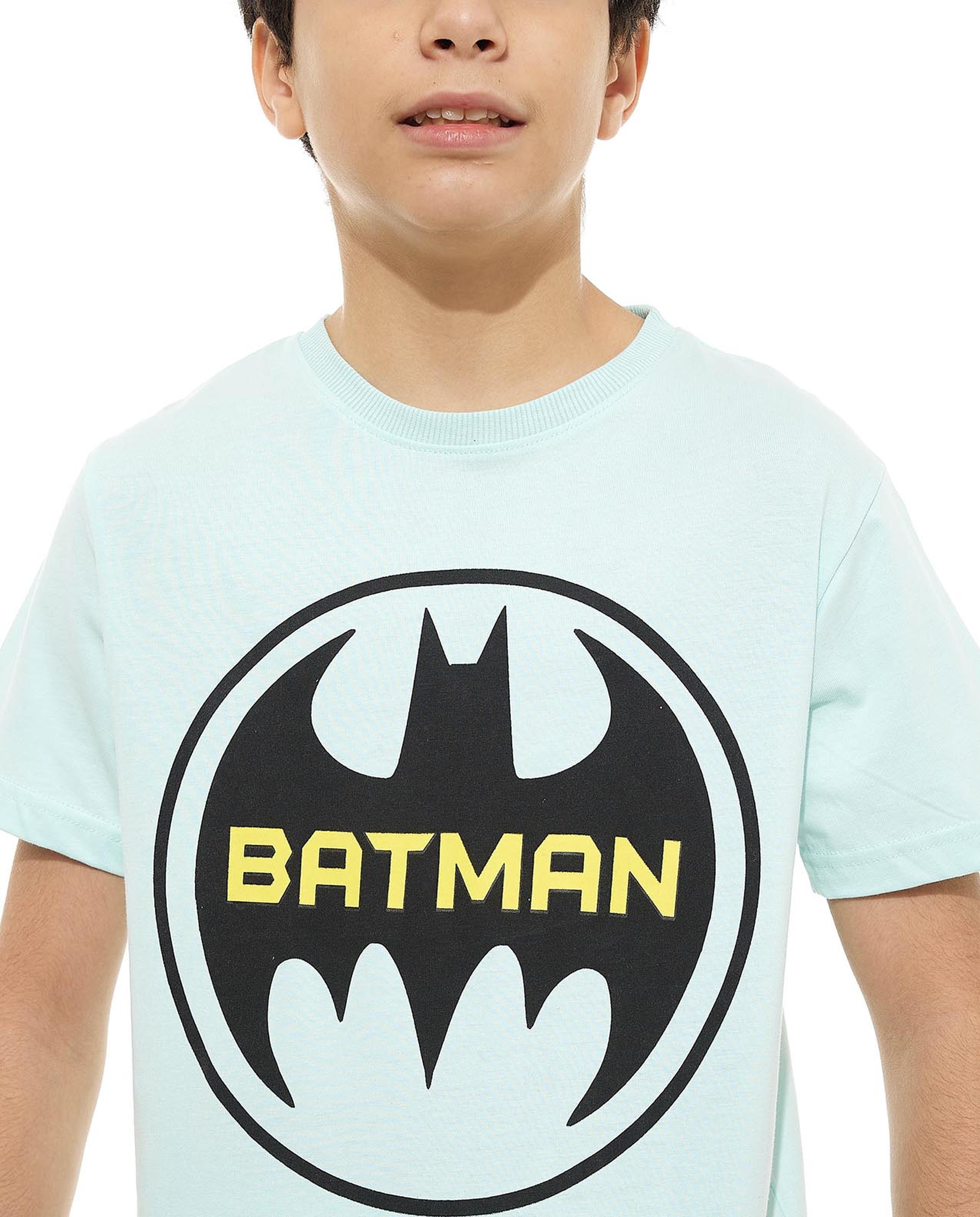Batman Printed Pyjama Set with Crew Neck and Short Sleeves
