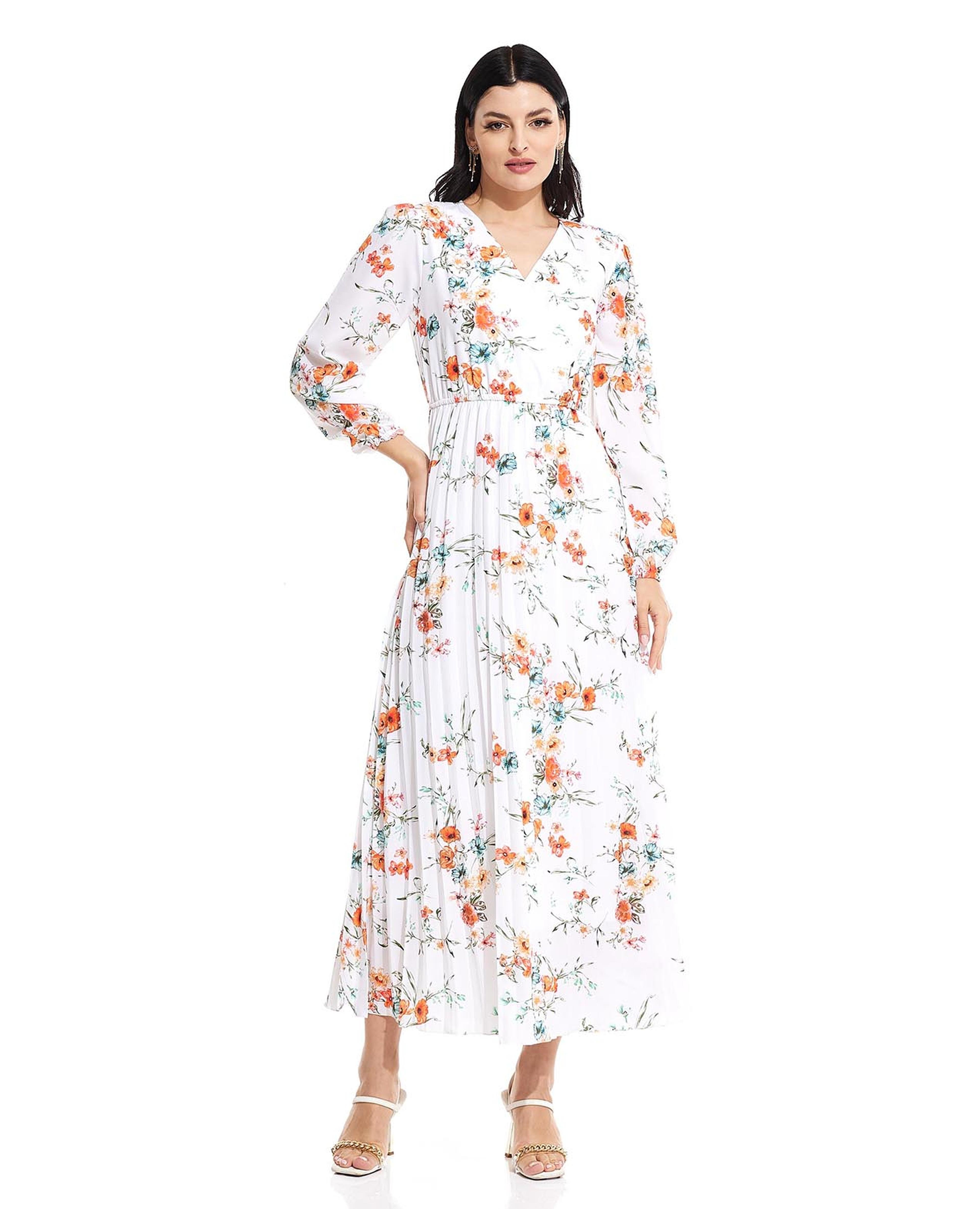 Floral Print Maxi Dress with V-Neck and Long Sleeves