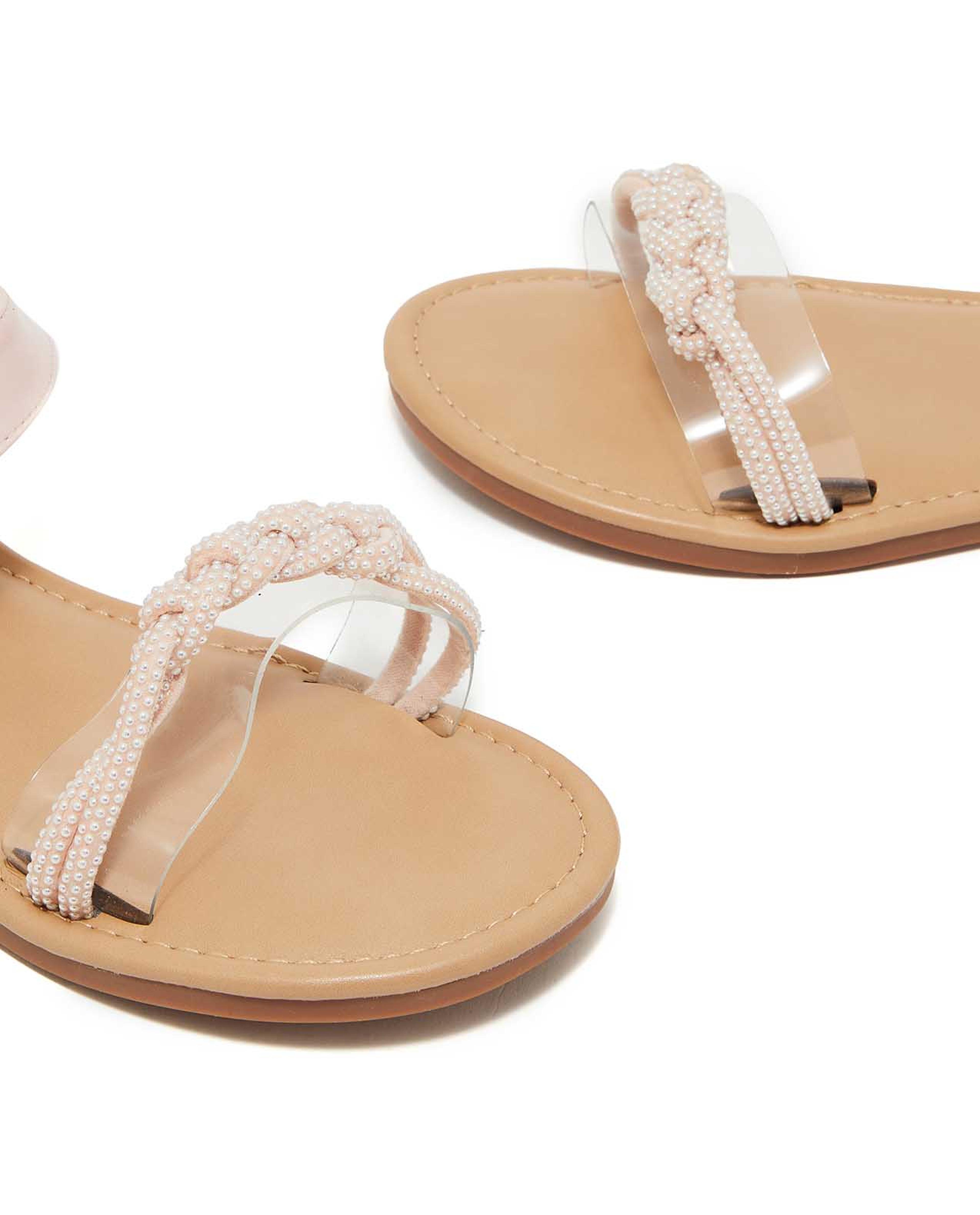 Pearl Strap Velcro Strap Flat Sandals