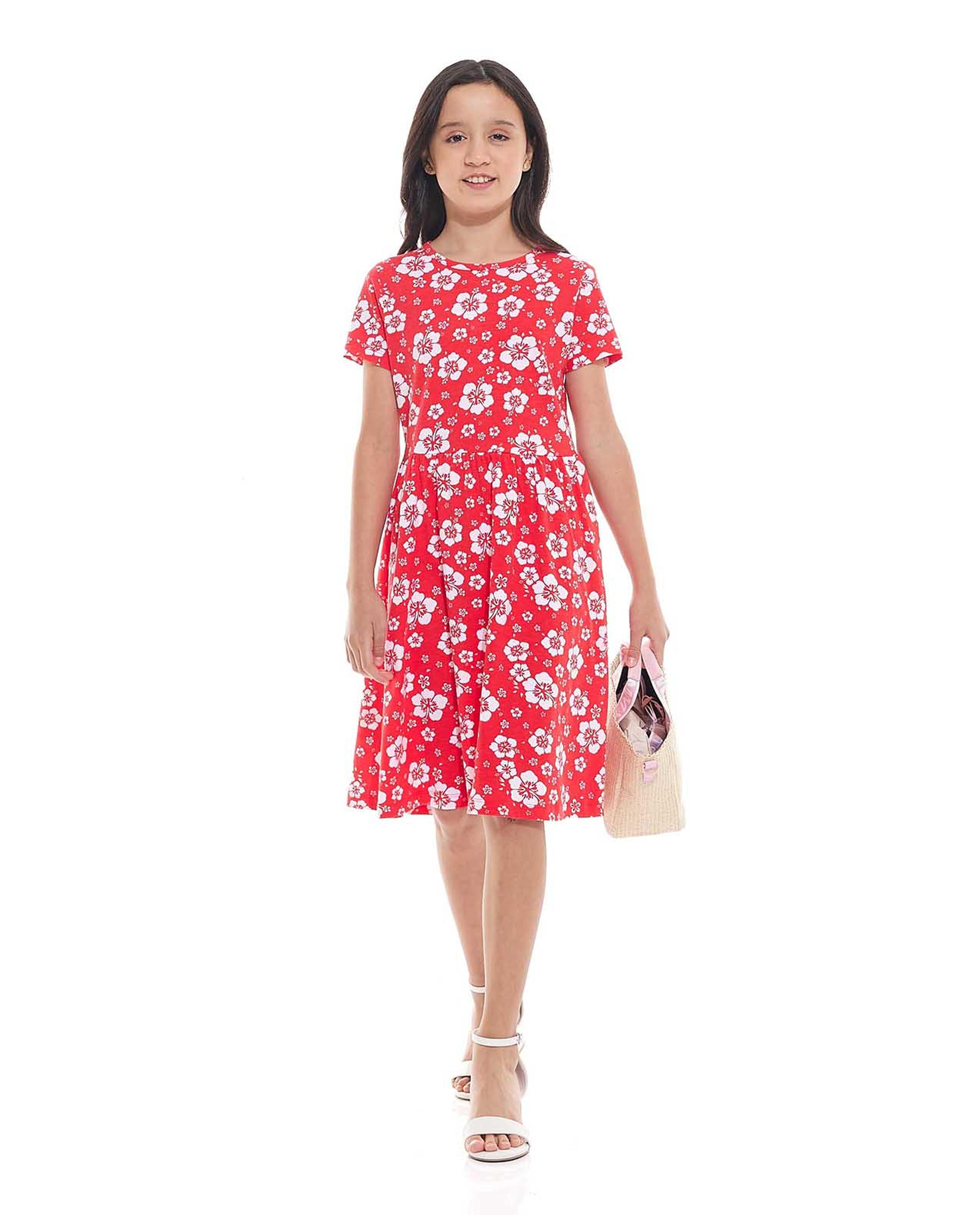 Printed Dress with Crew Neck and Short Sleeves