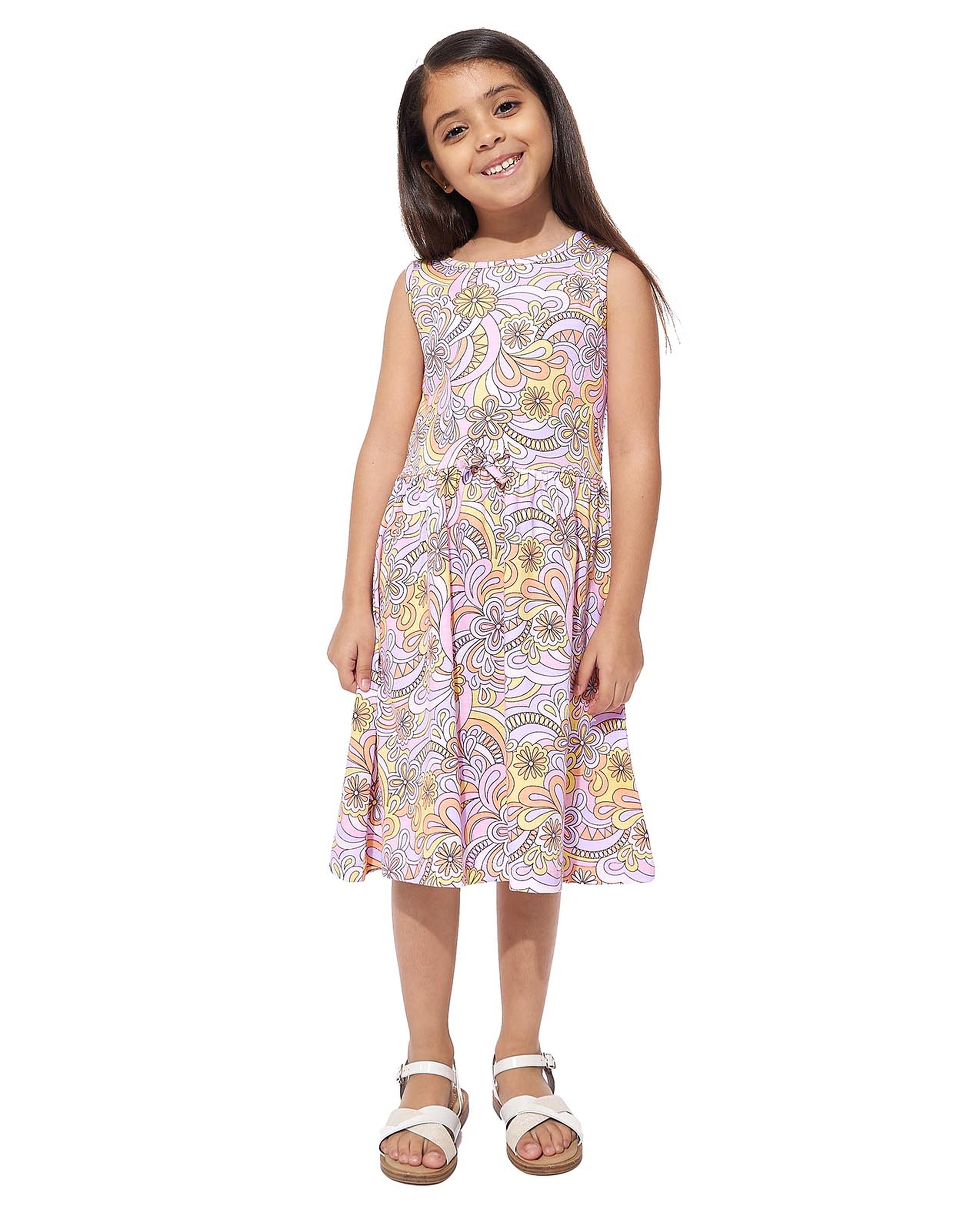 Patterned Sleeveless Dress with Crew Neck