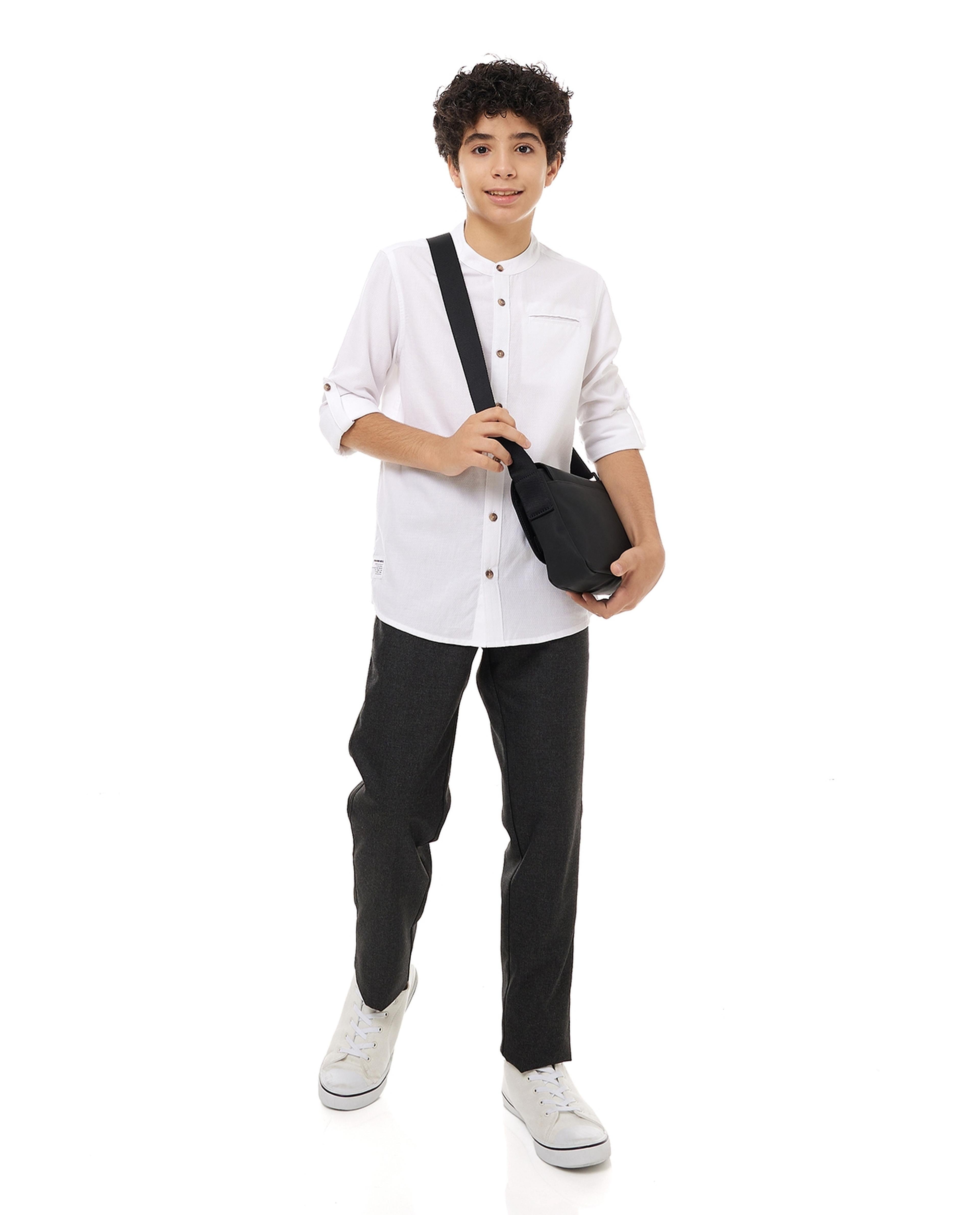 Solid Shirt with Mandarin Collar and Long Sleeves