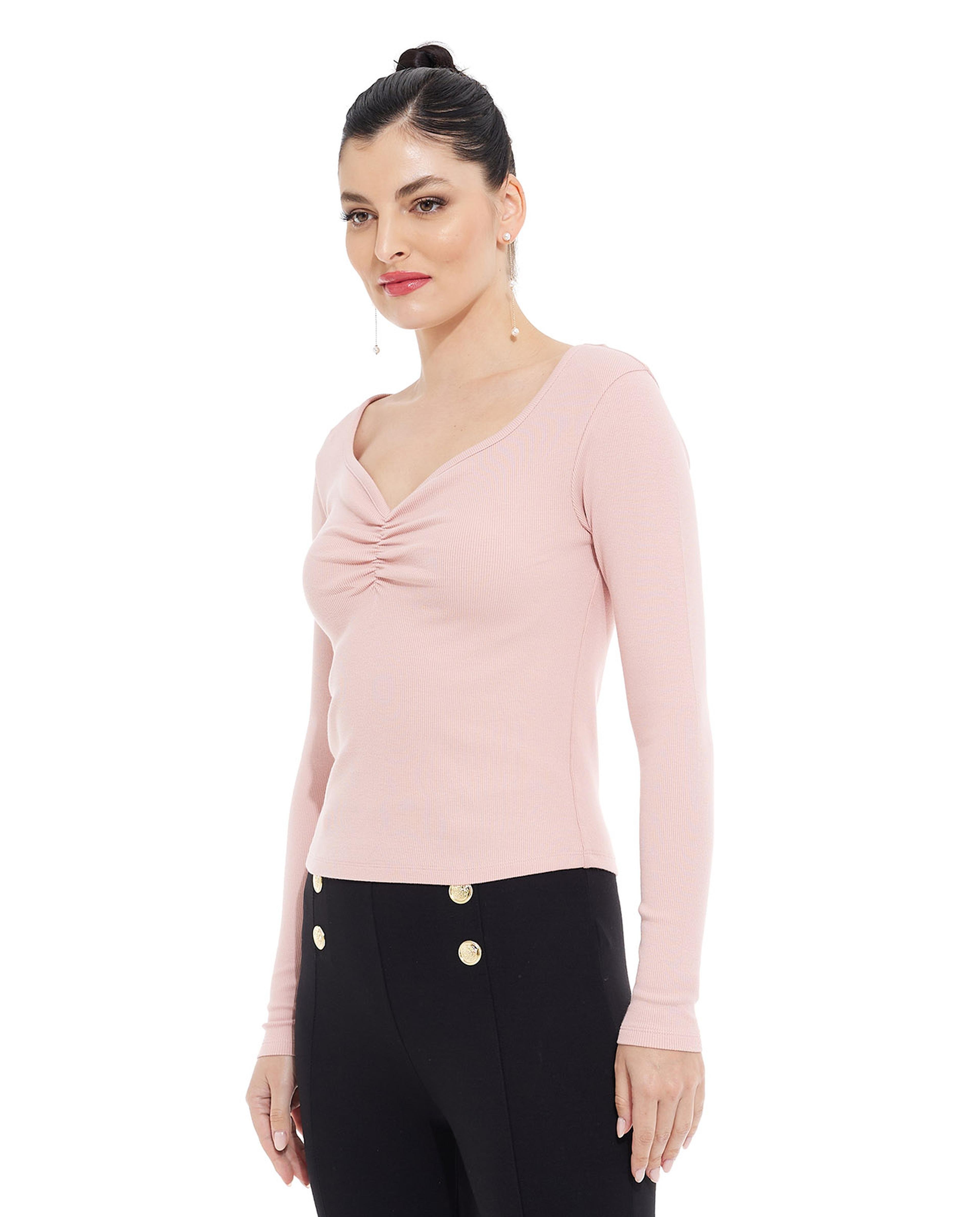 Ribbed Top with Ruched Neck and Long Sleeves