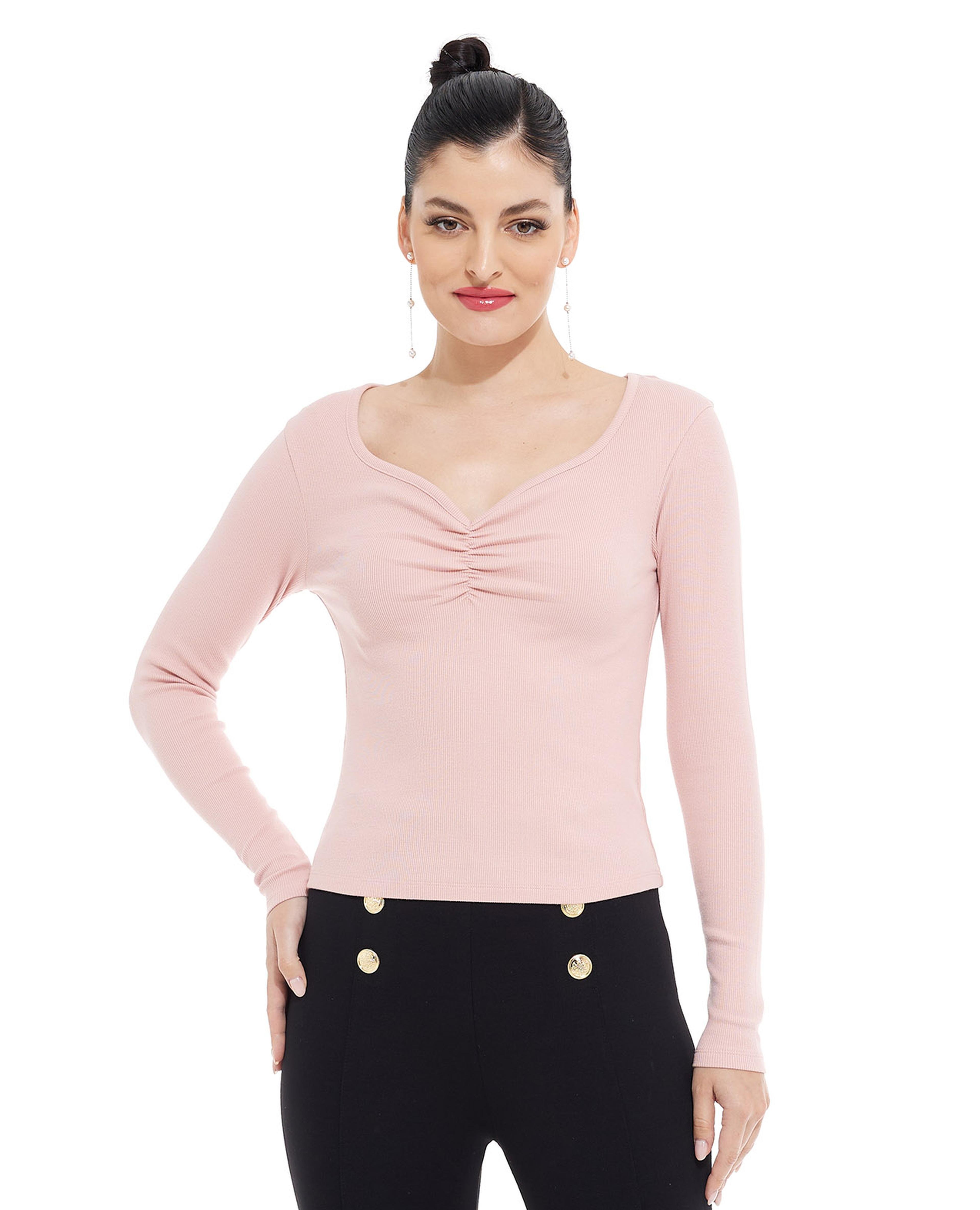 Ribbed Top with Ruched Neck and Long Sleeves