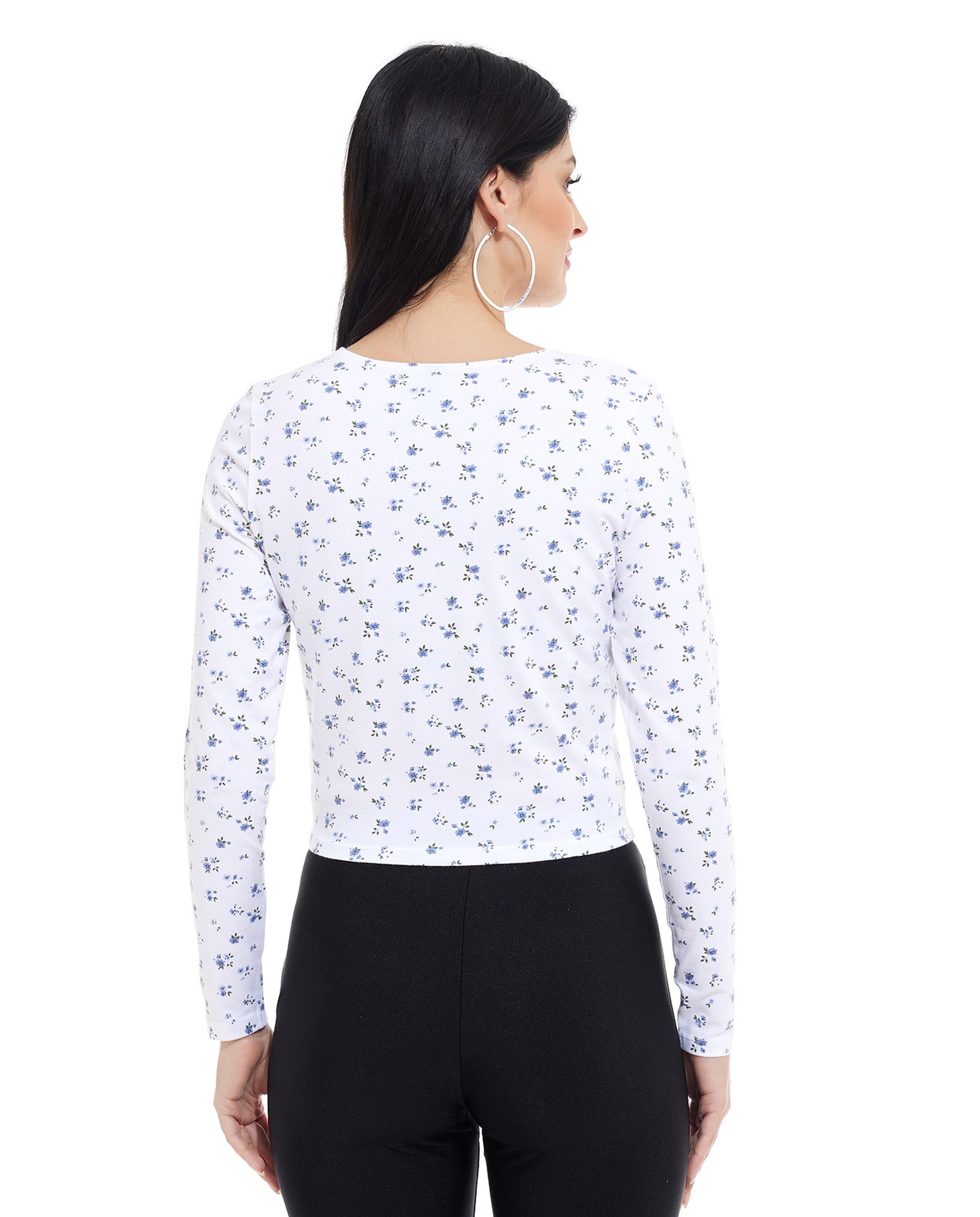 Floral Print Top with V-Neck and Long Sleeves