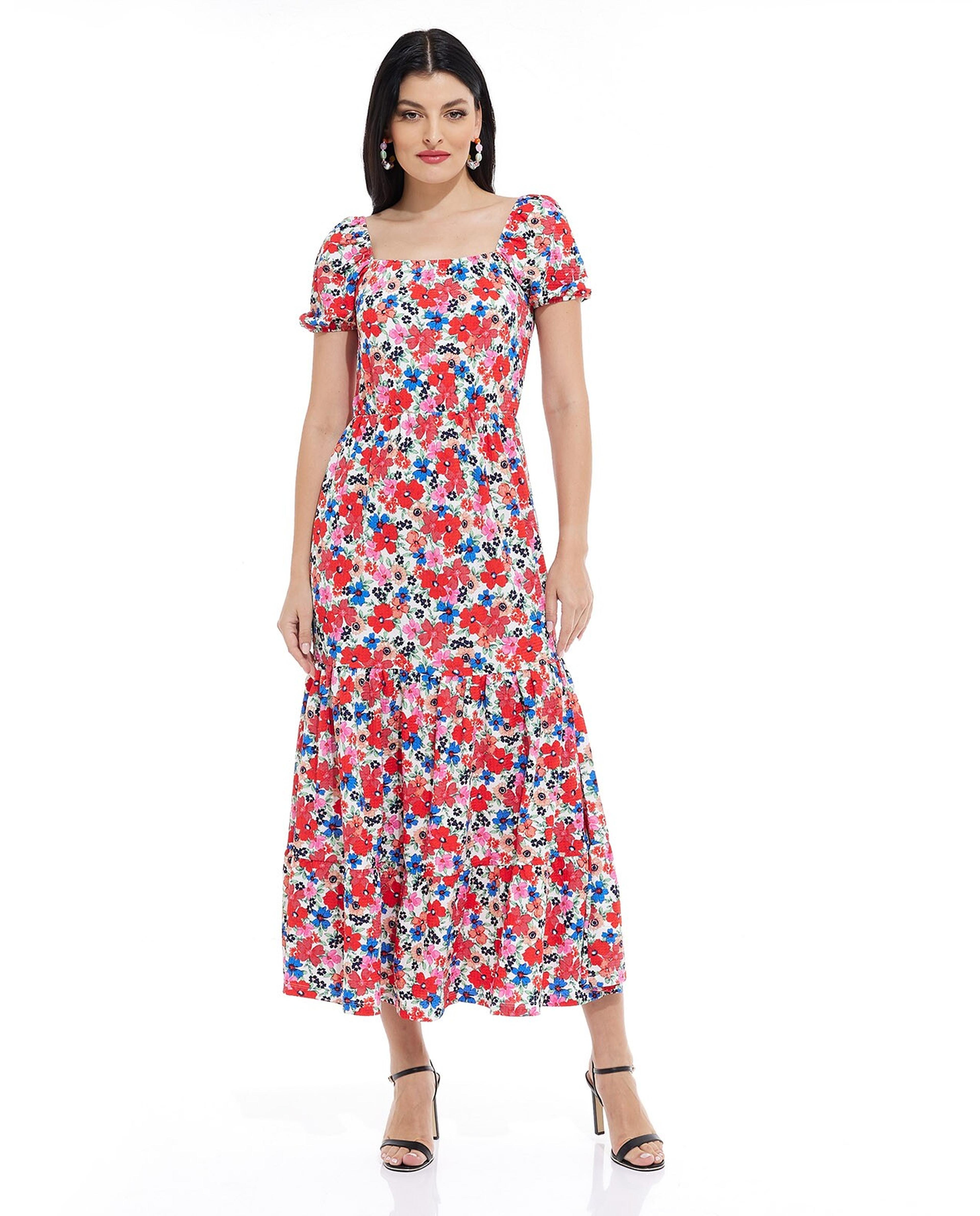 Floral Print Tiered Dress with Square Neck and Puff Sleeves