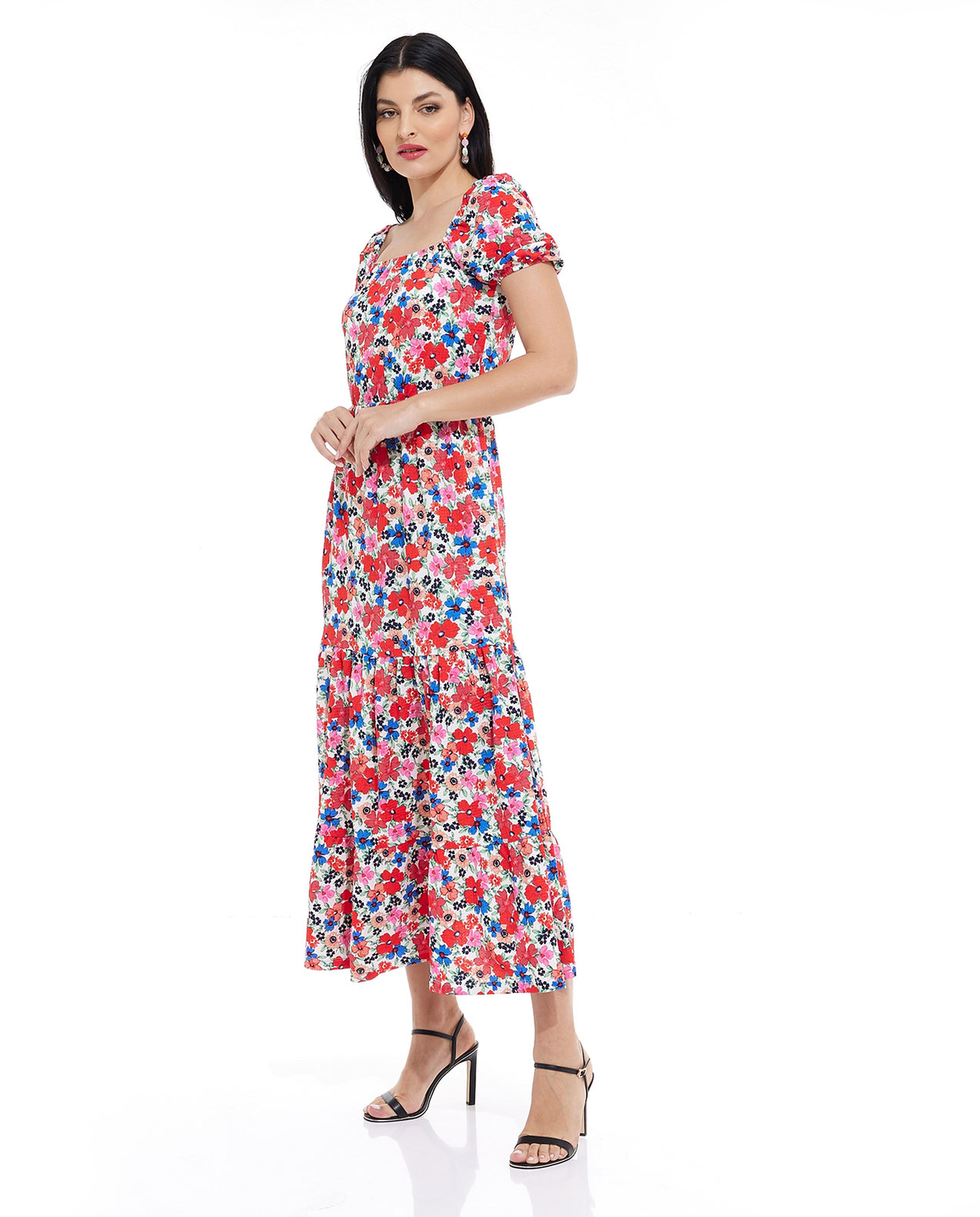 Floral Print Tiered Dress with Square Neck and Puff Sleeves