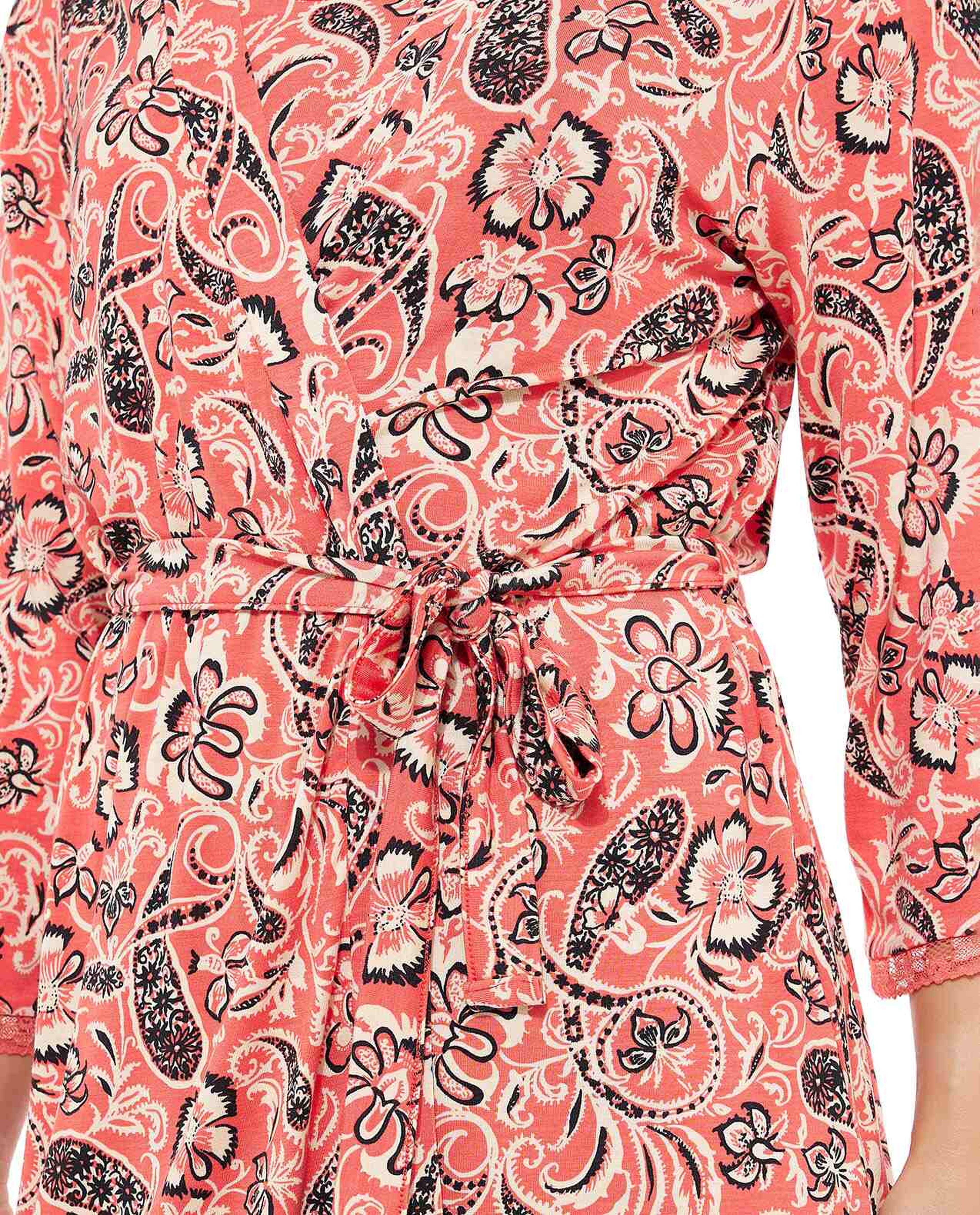 Paisley Print Night Robe with Lace Trim