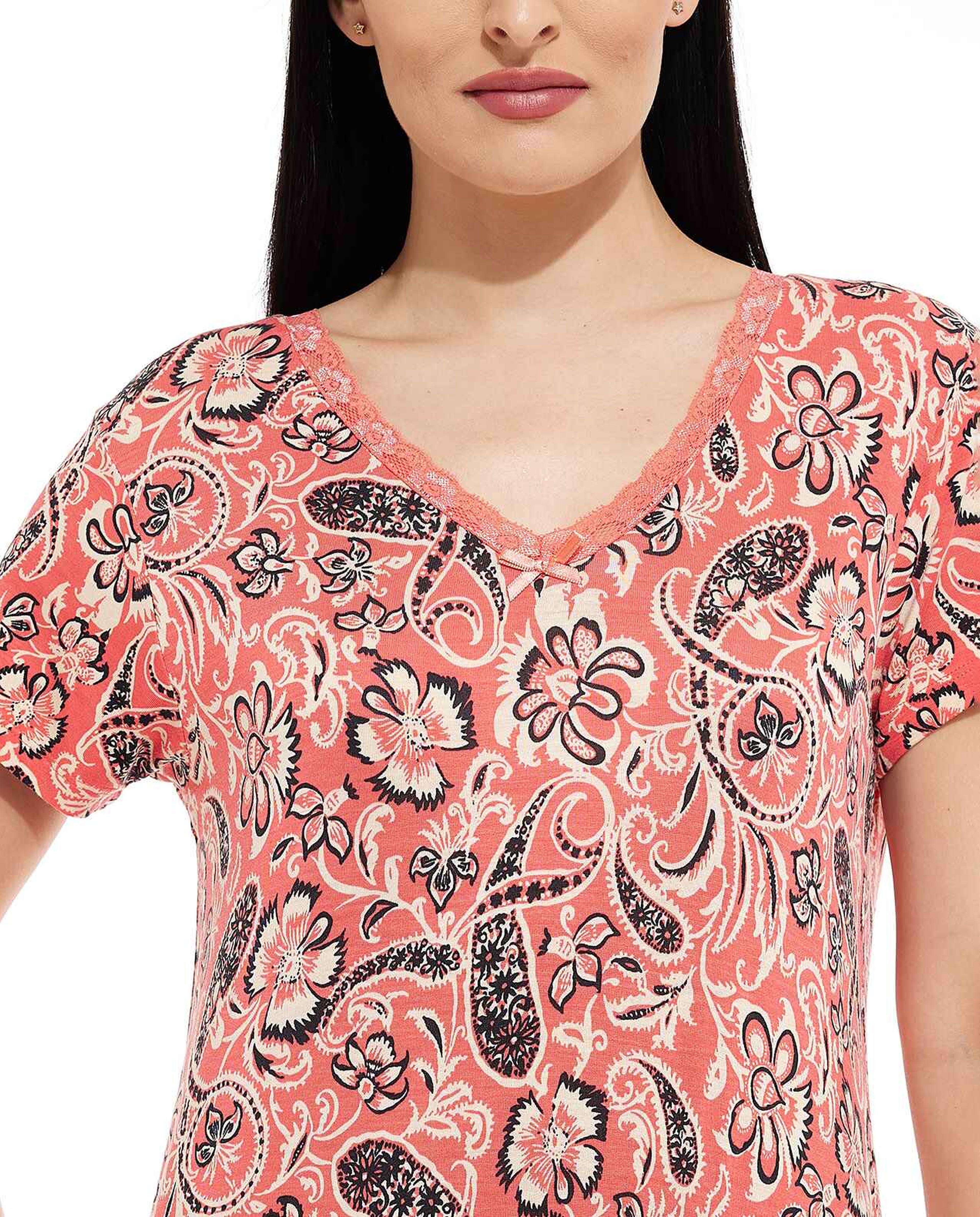 Paisley Print Night Gown with V-Neck and Short Sleeves