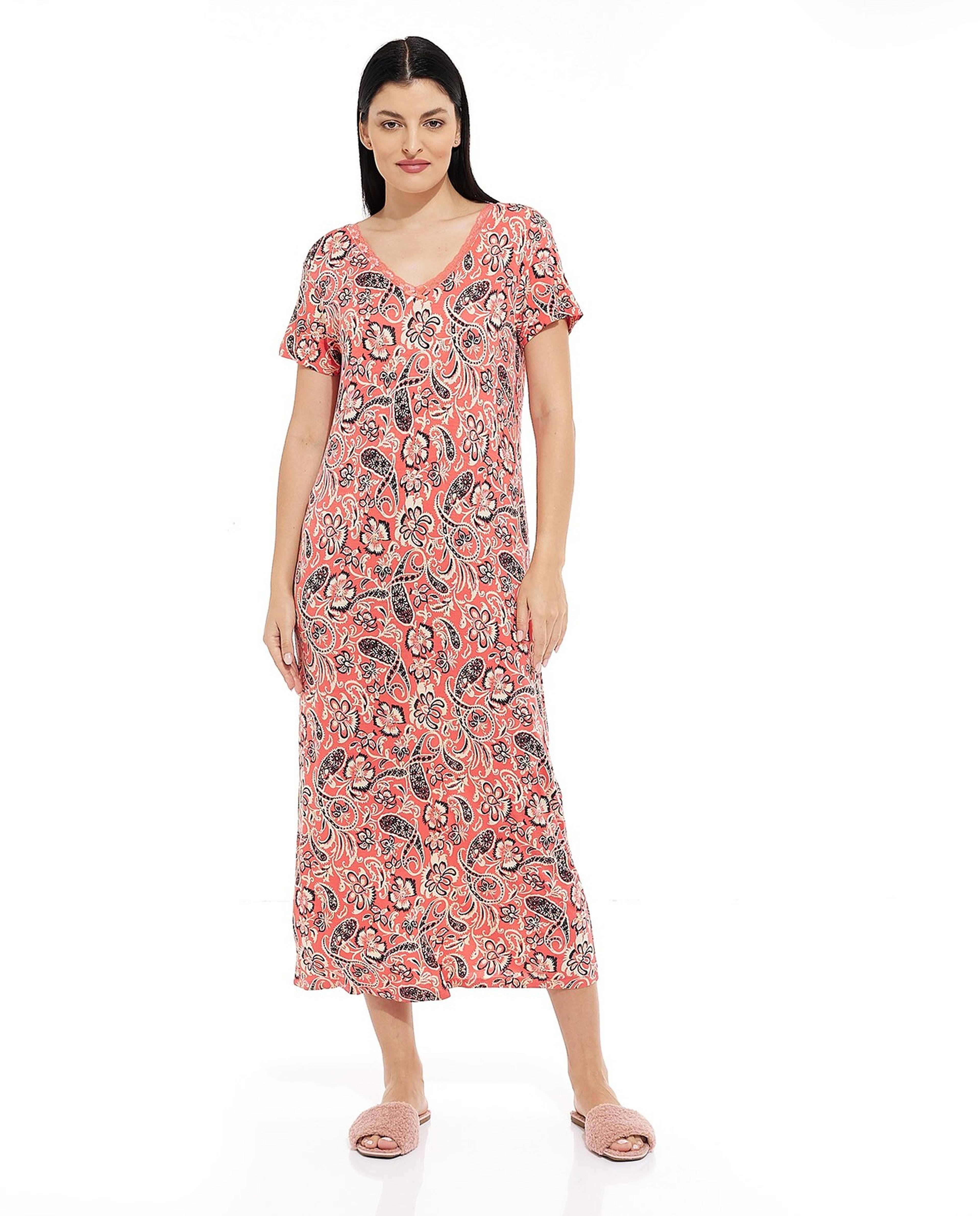 Paisley Print Night Gown with V-Neck and Short Sleeves