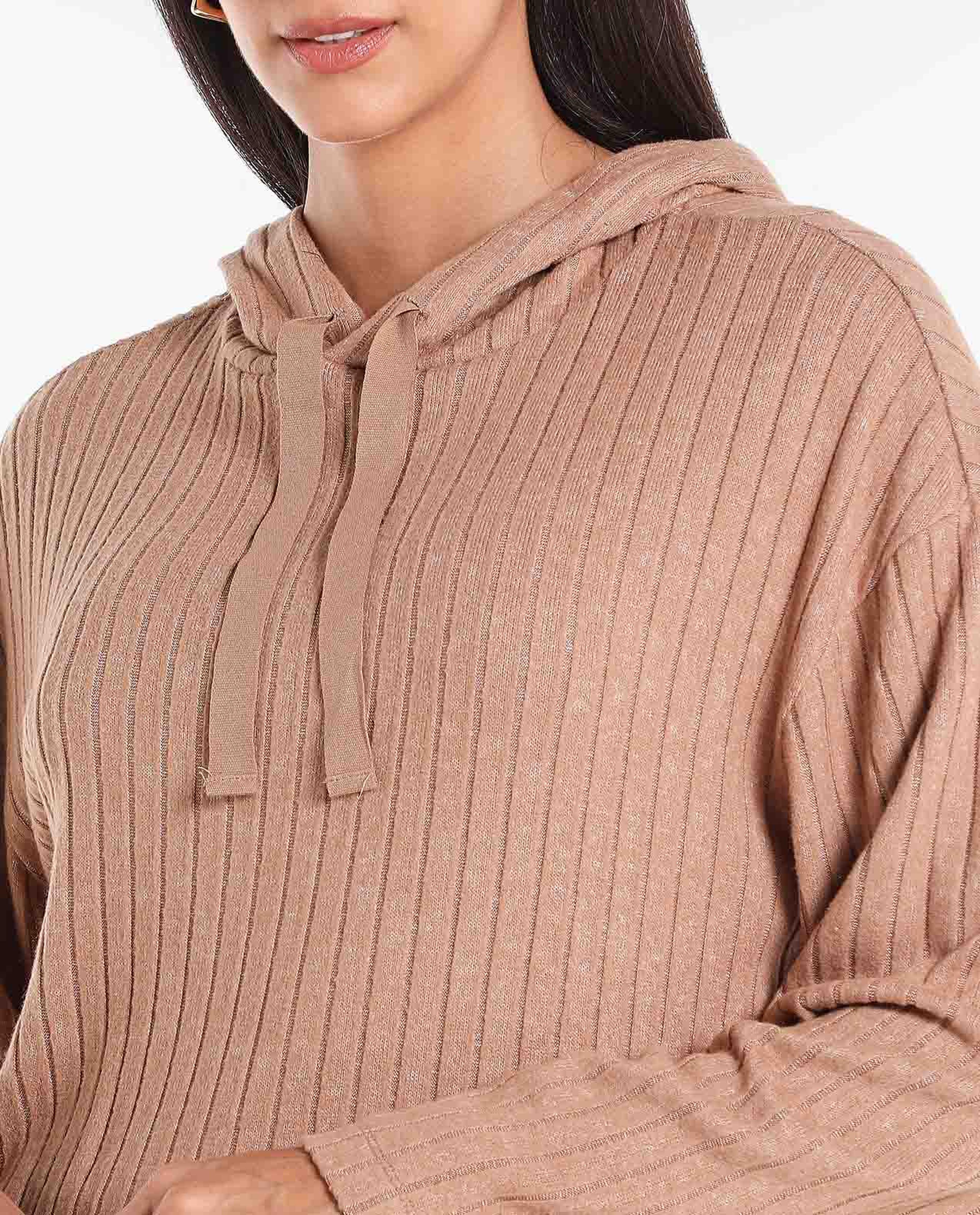 Solid Ribbed Sleepwear Shirt with Long Sleeves