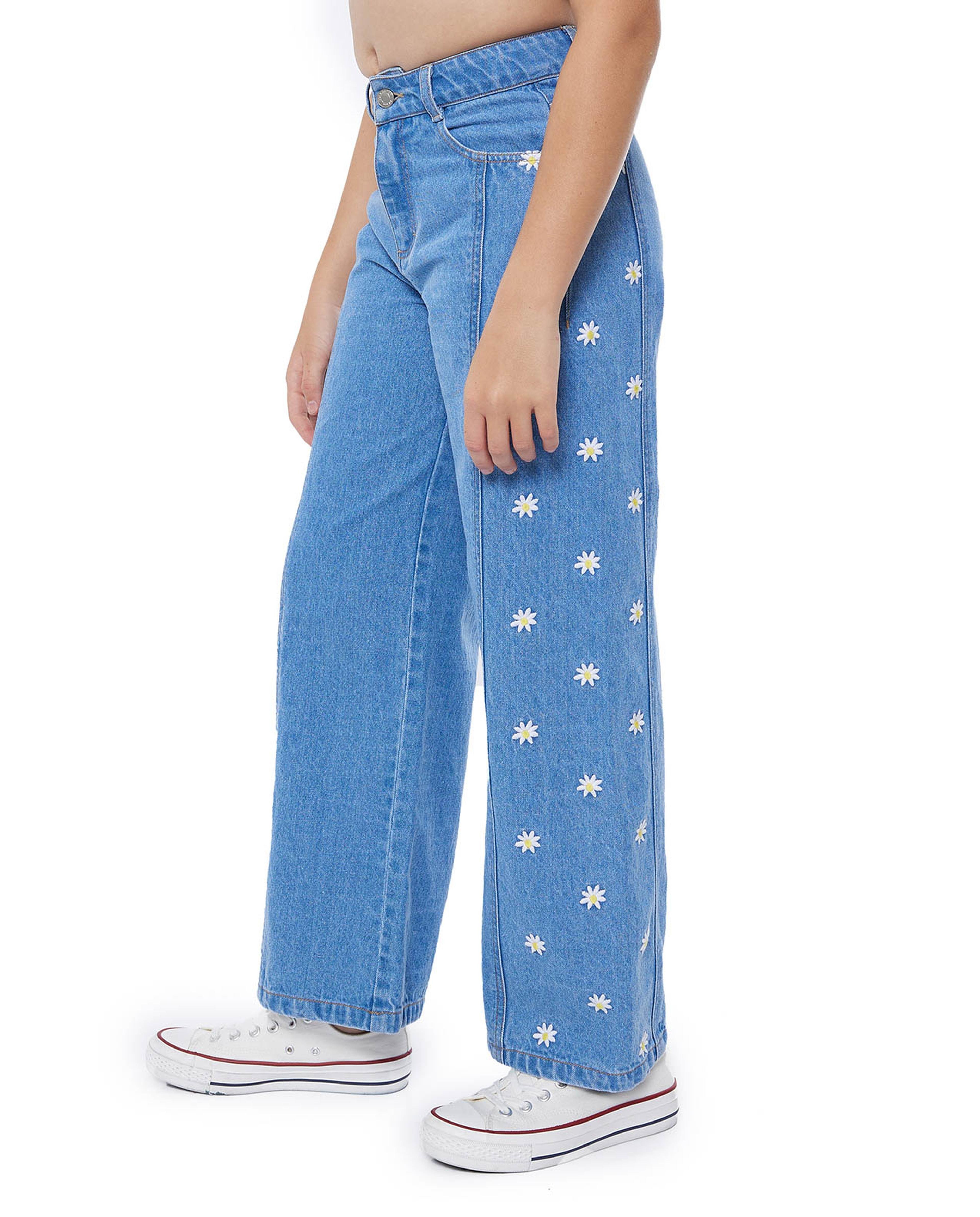 Embroidered Wide Leg Jeans with Button Closure