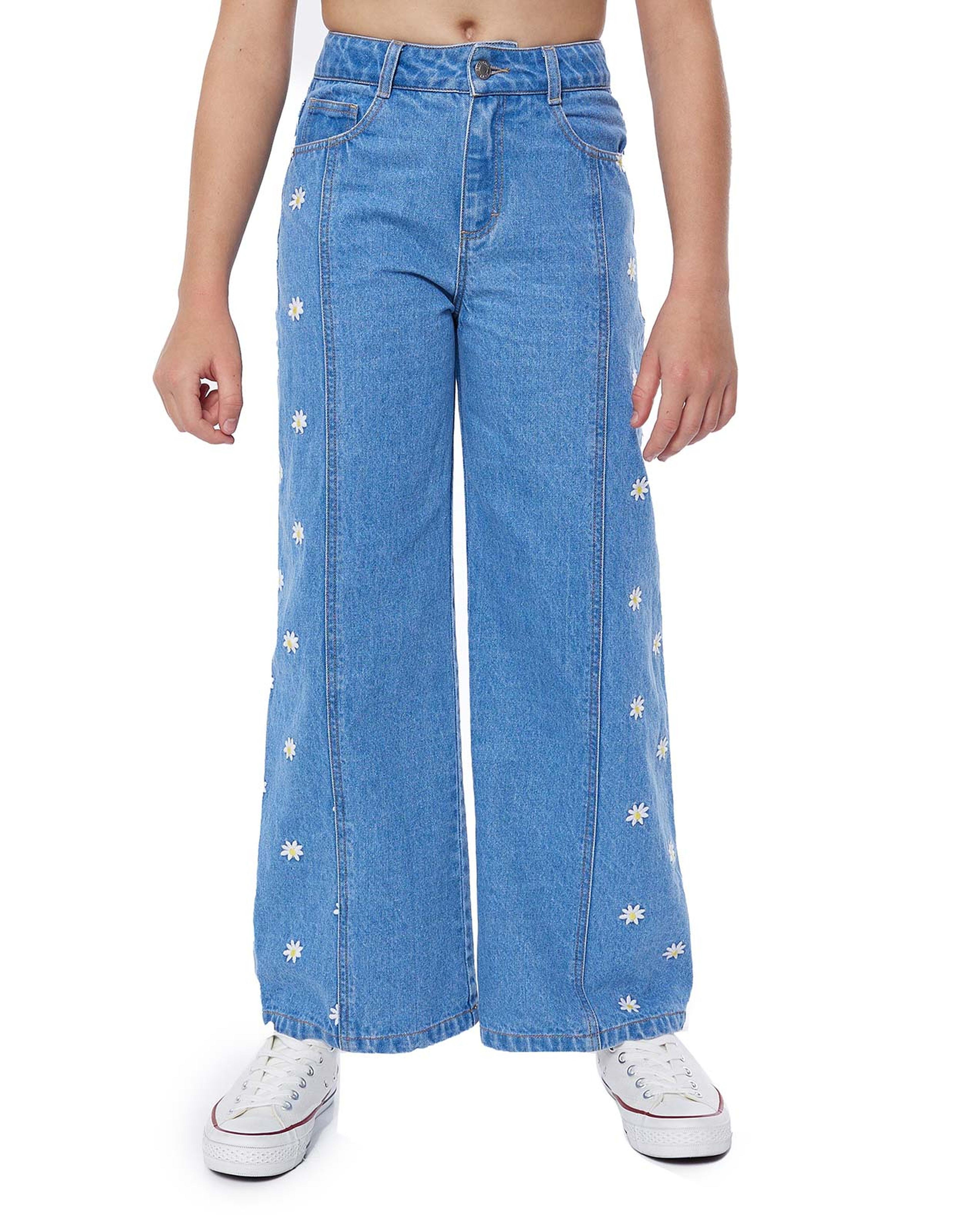 Embroidered Wide Leg Jeans with Button Closure