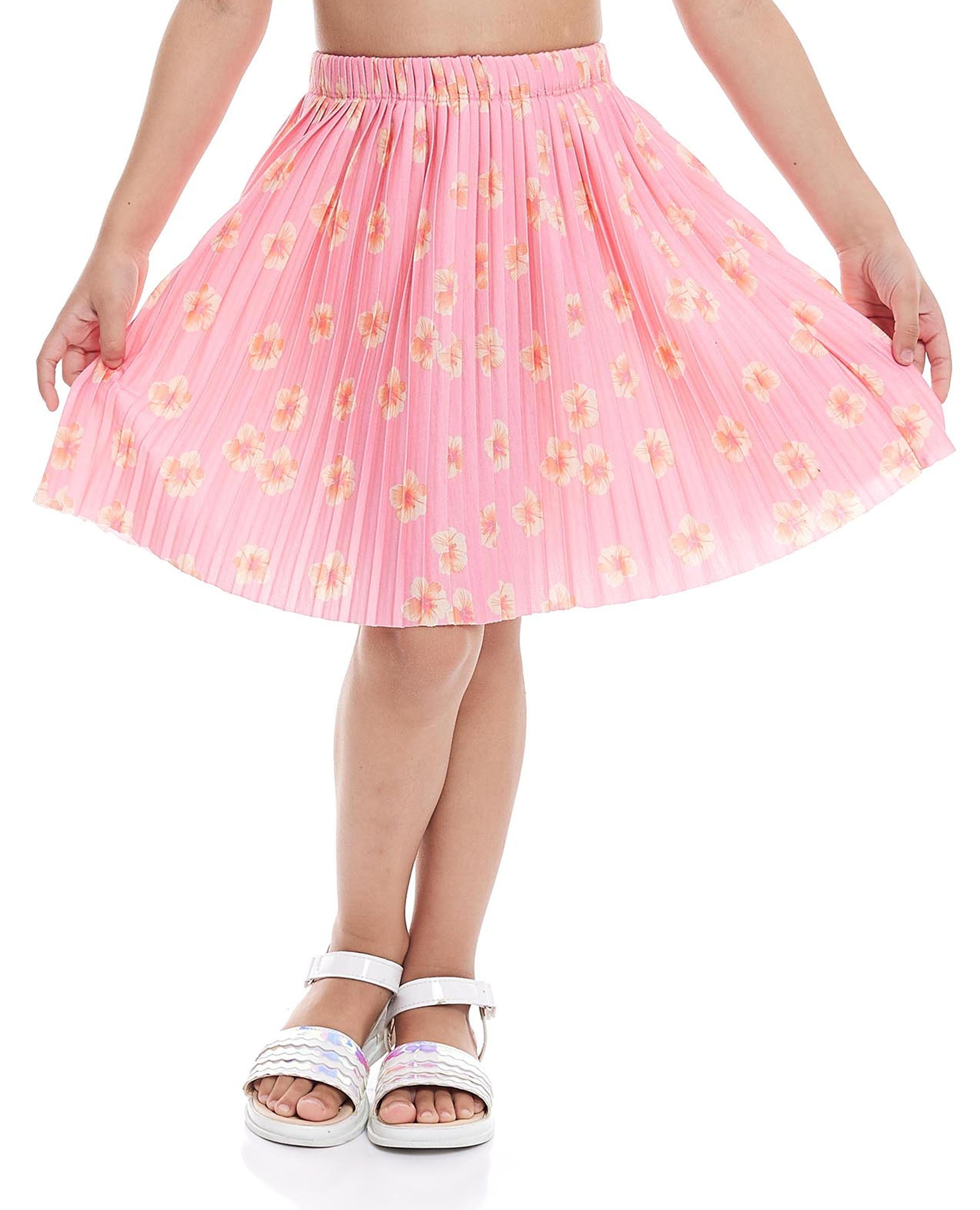 Floral Print Pleated Skirt with Elastic Waist