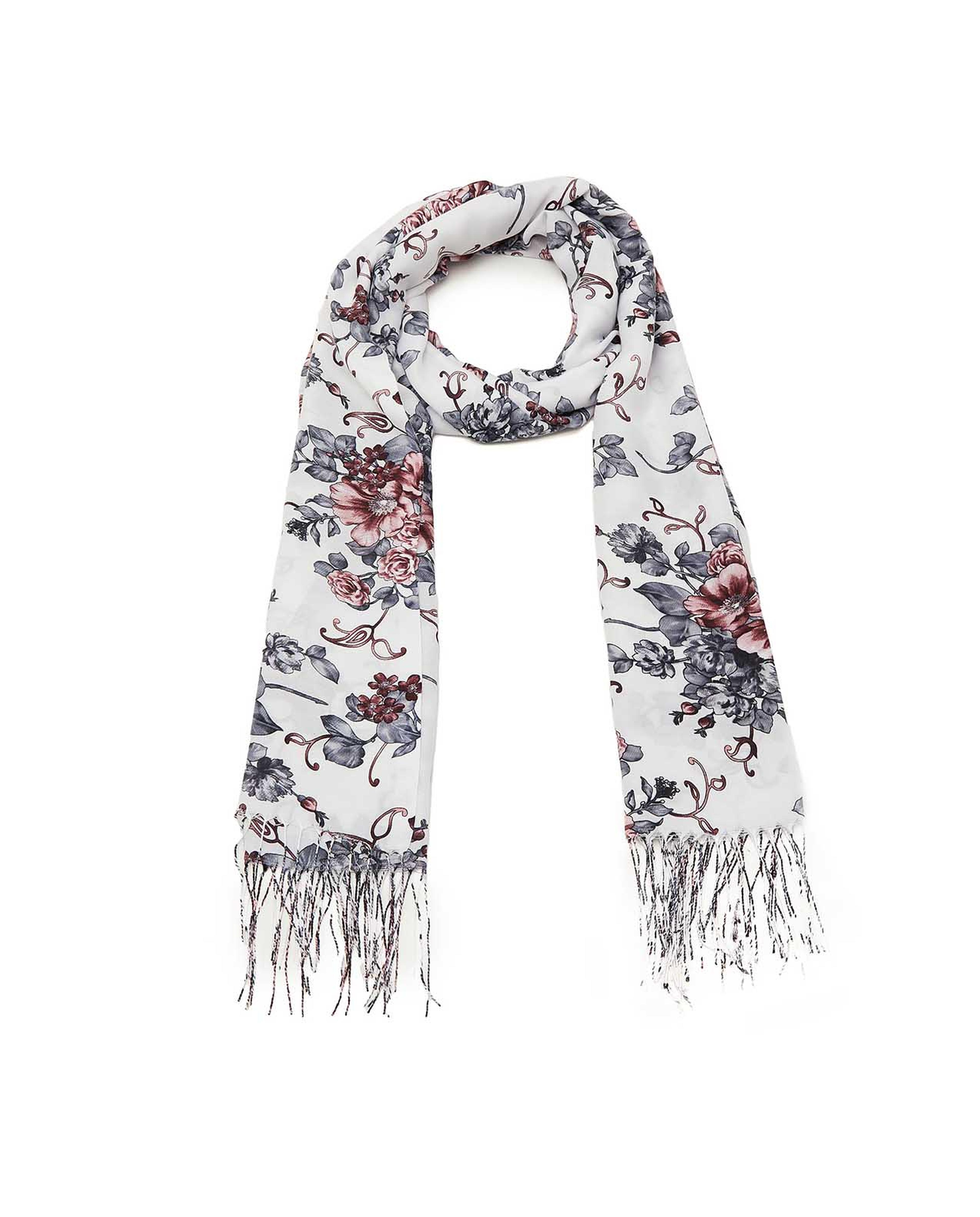 Floral Print Scarf with Fringe Hem