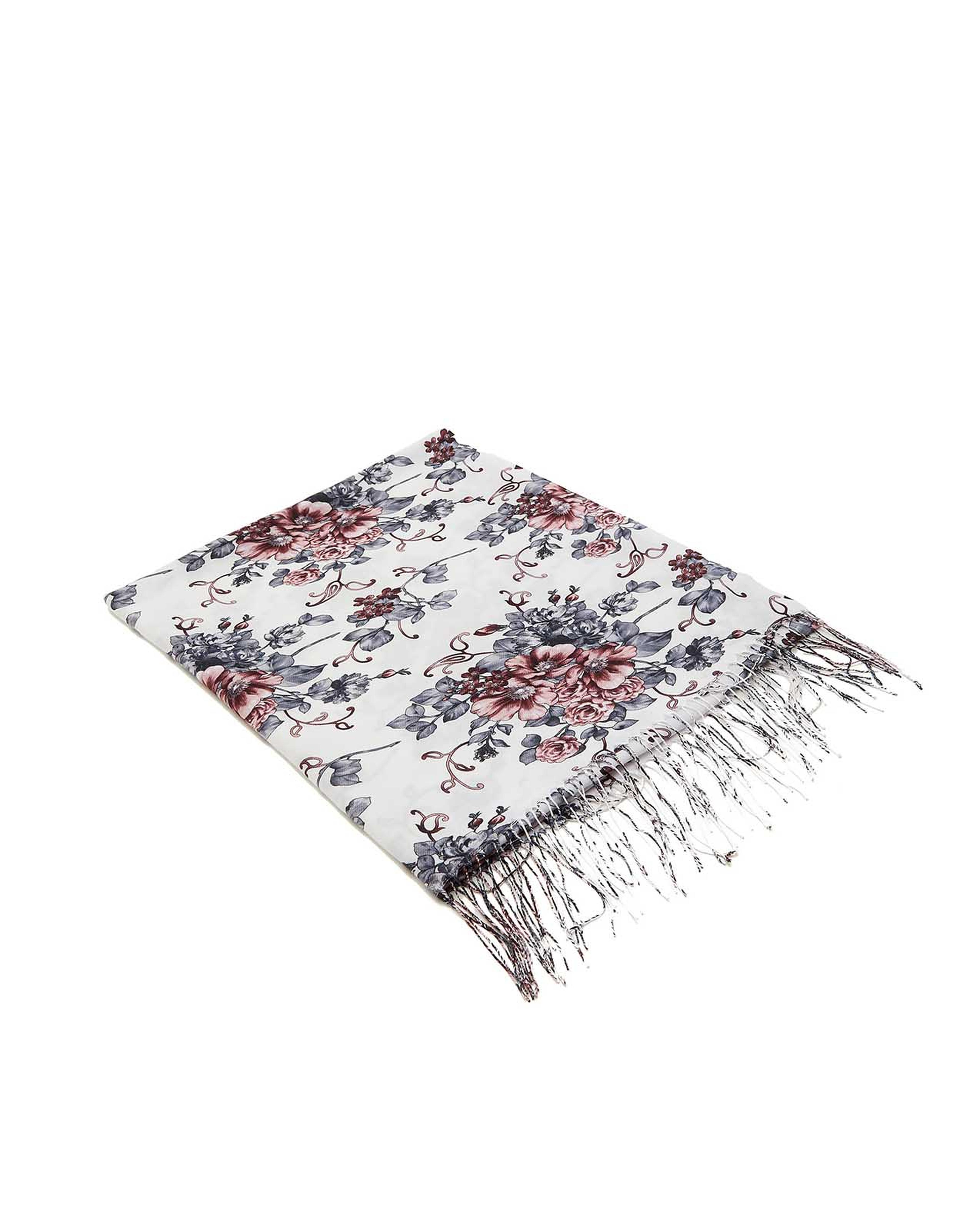 Floral Print Scarf with Fringe Hem
