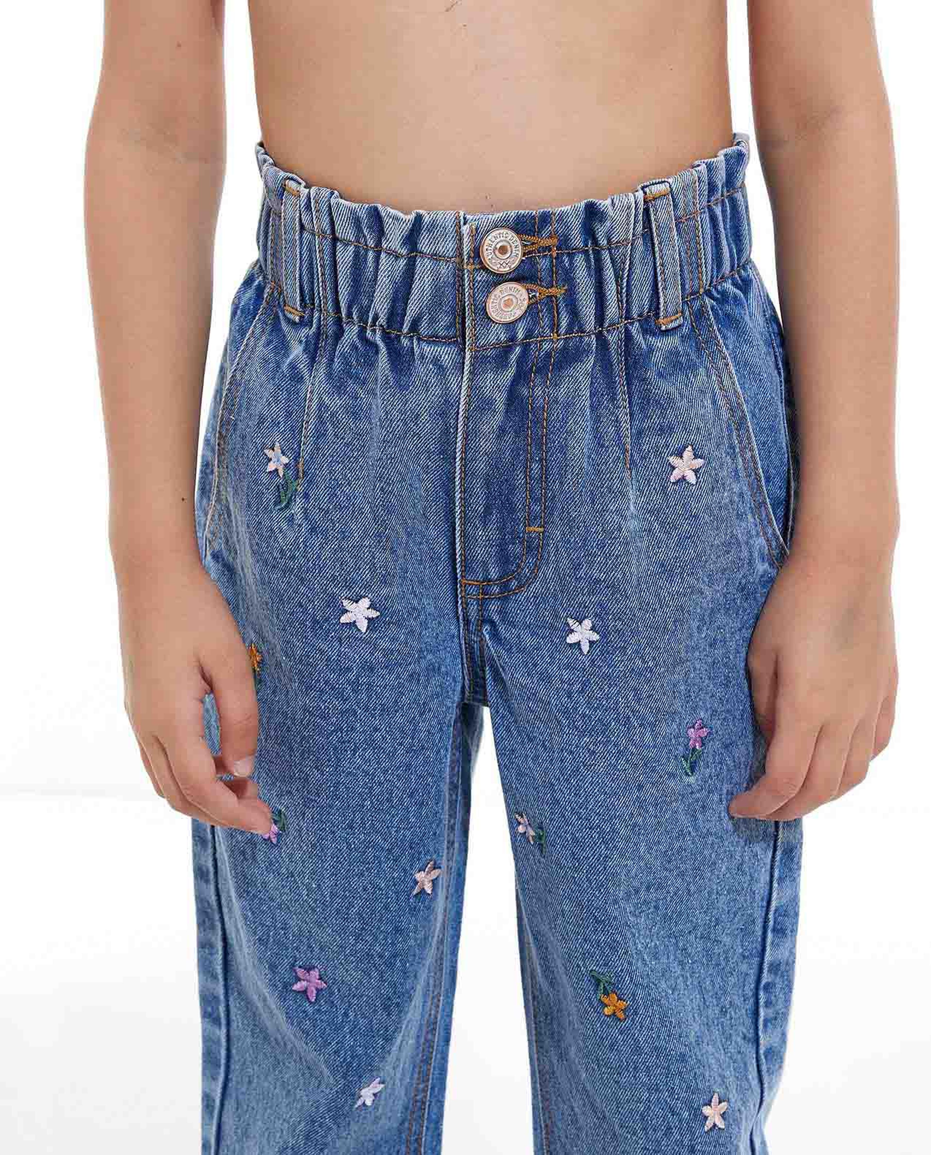 Embroidered Jeans with Elastic Waist