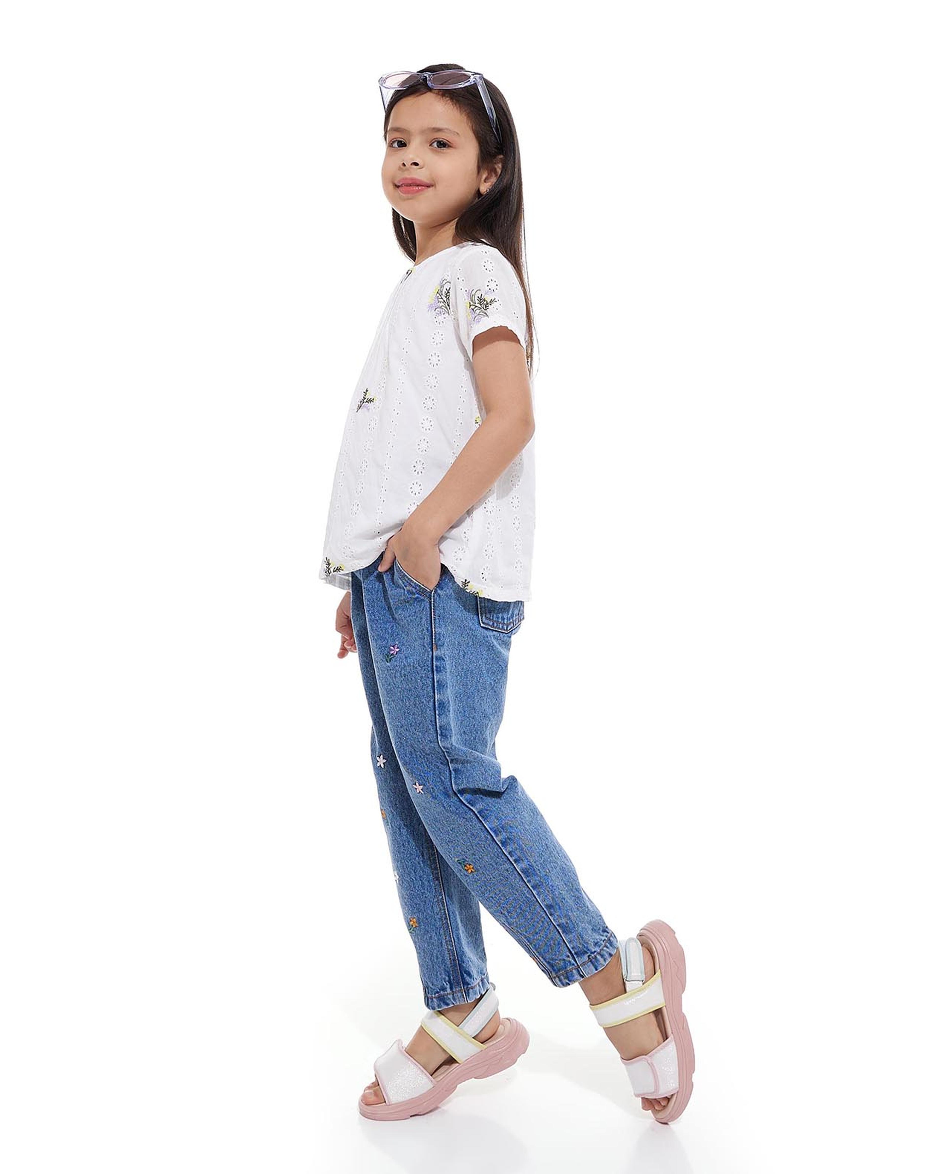 Embroidered Jeans with Elastic Waist