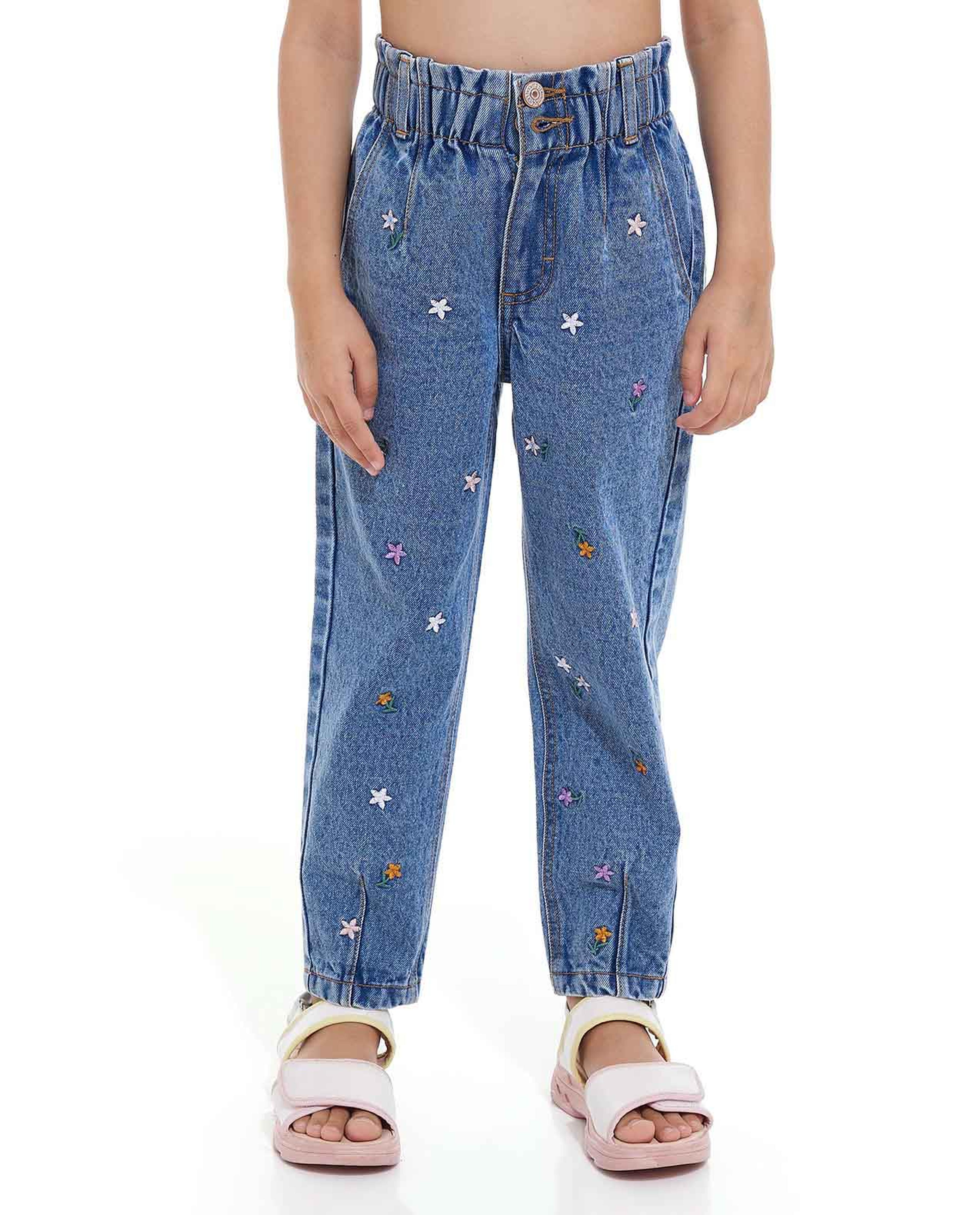 Embroidered Jeans with Elastic Waist