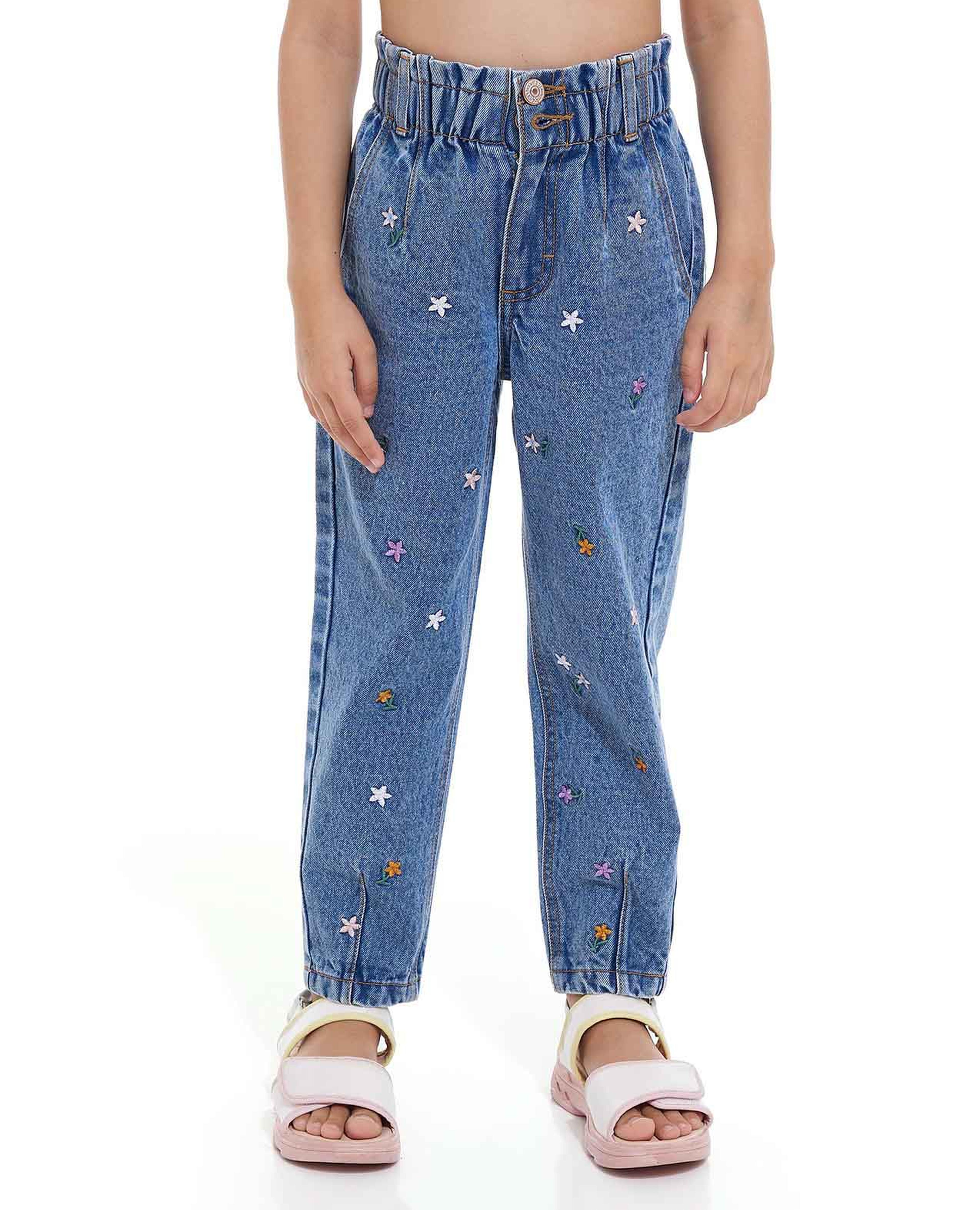 Embroidered Jeans with Elastic Waist