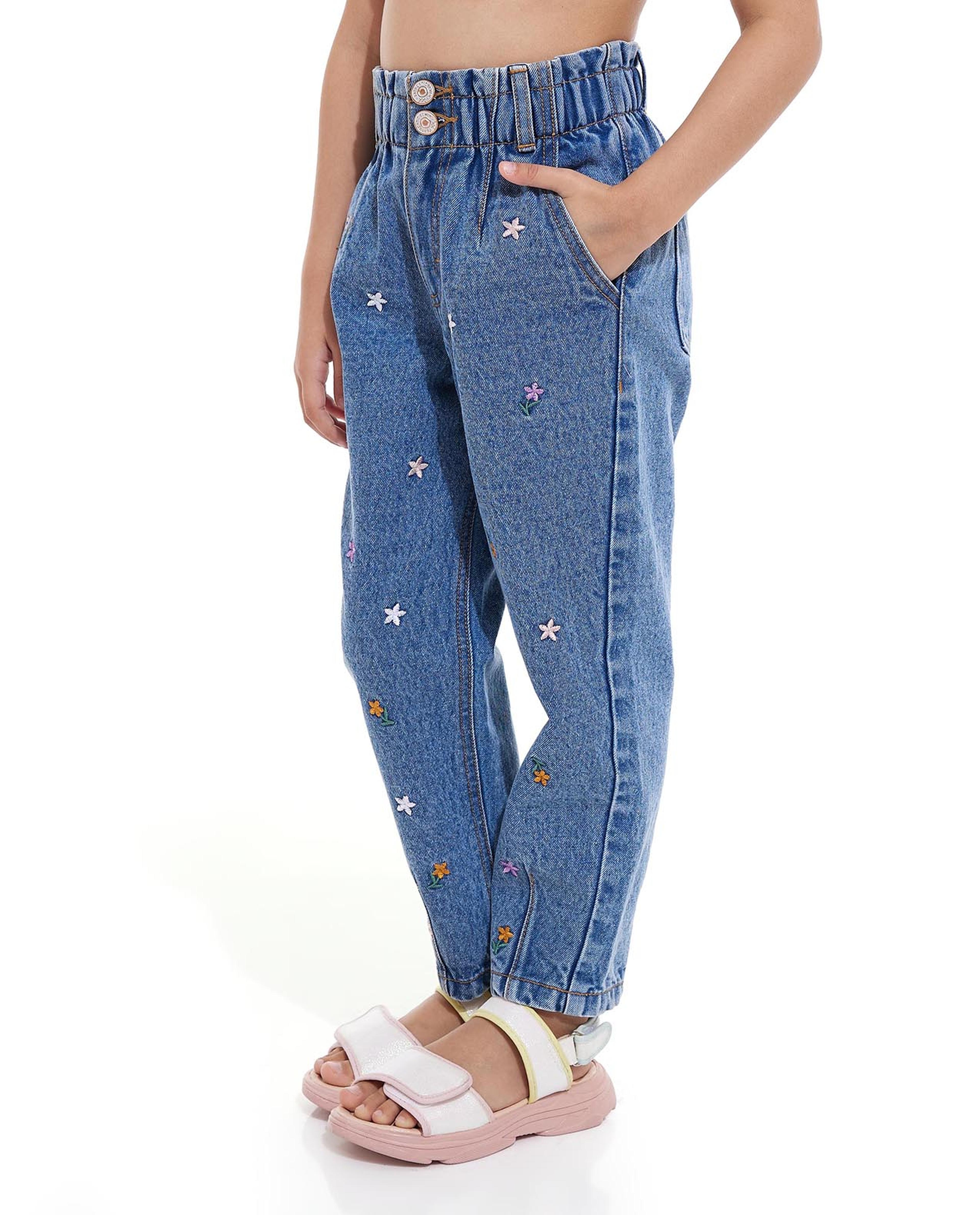 Embroidered Jeans with Elastic Waist