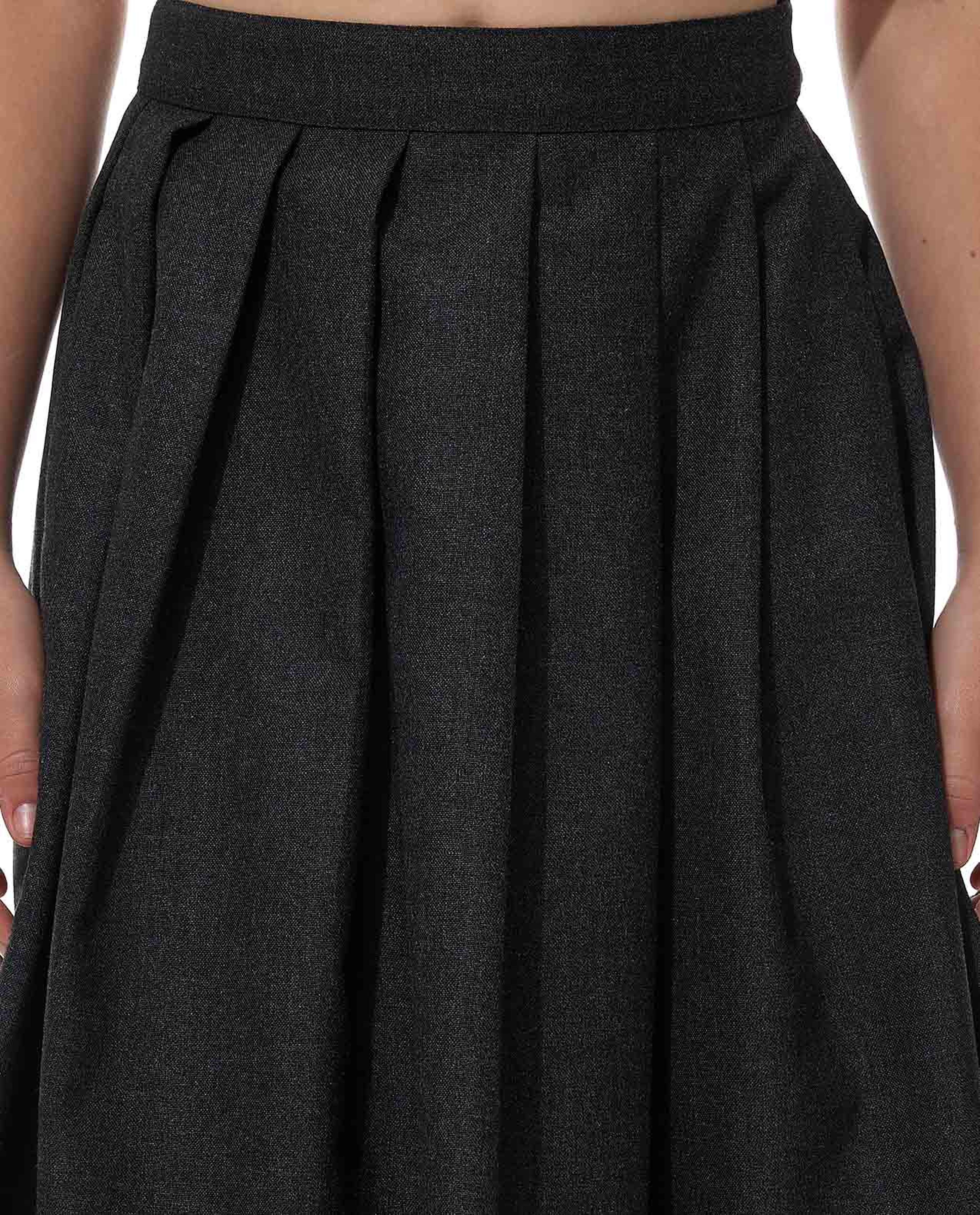 Solid Pleated Skirt with Button Closure