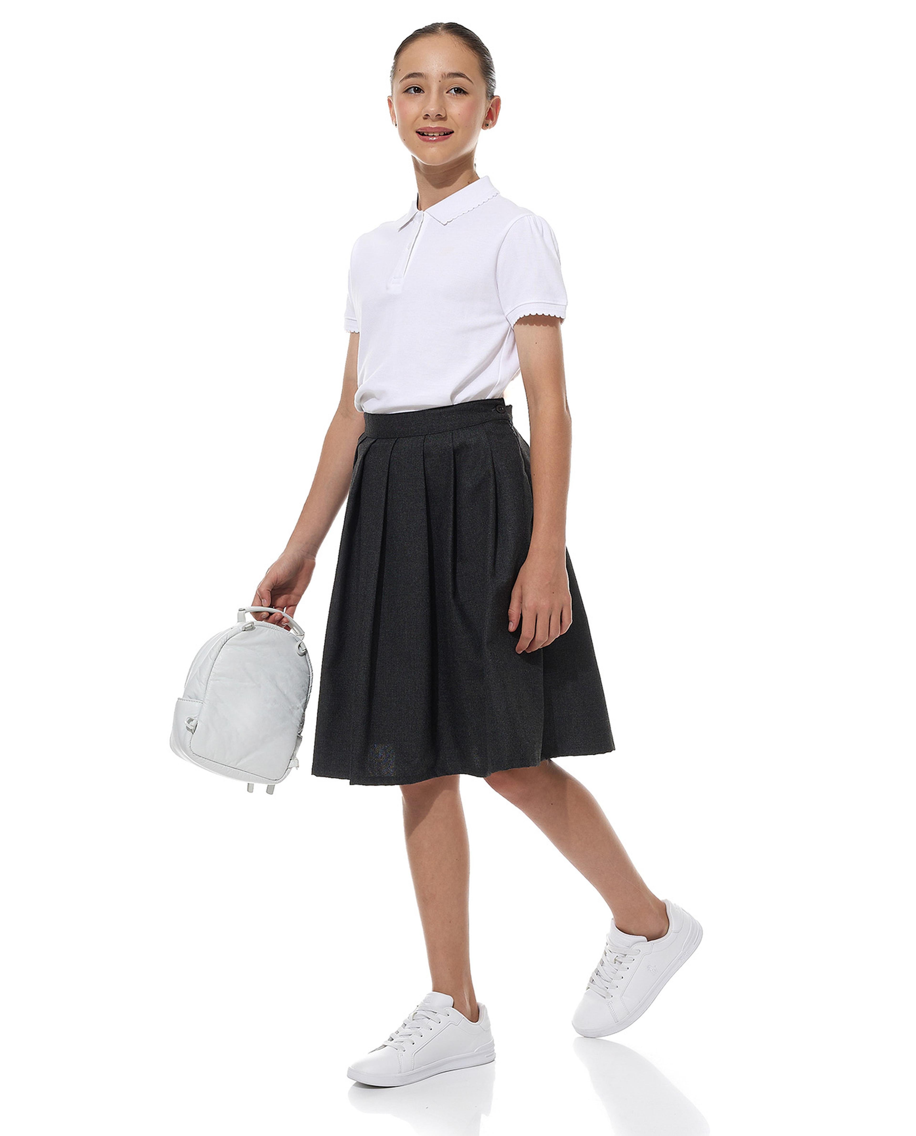 Solid Pleated Skirt with Button Closure