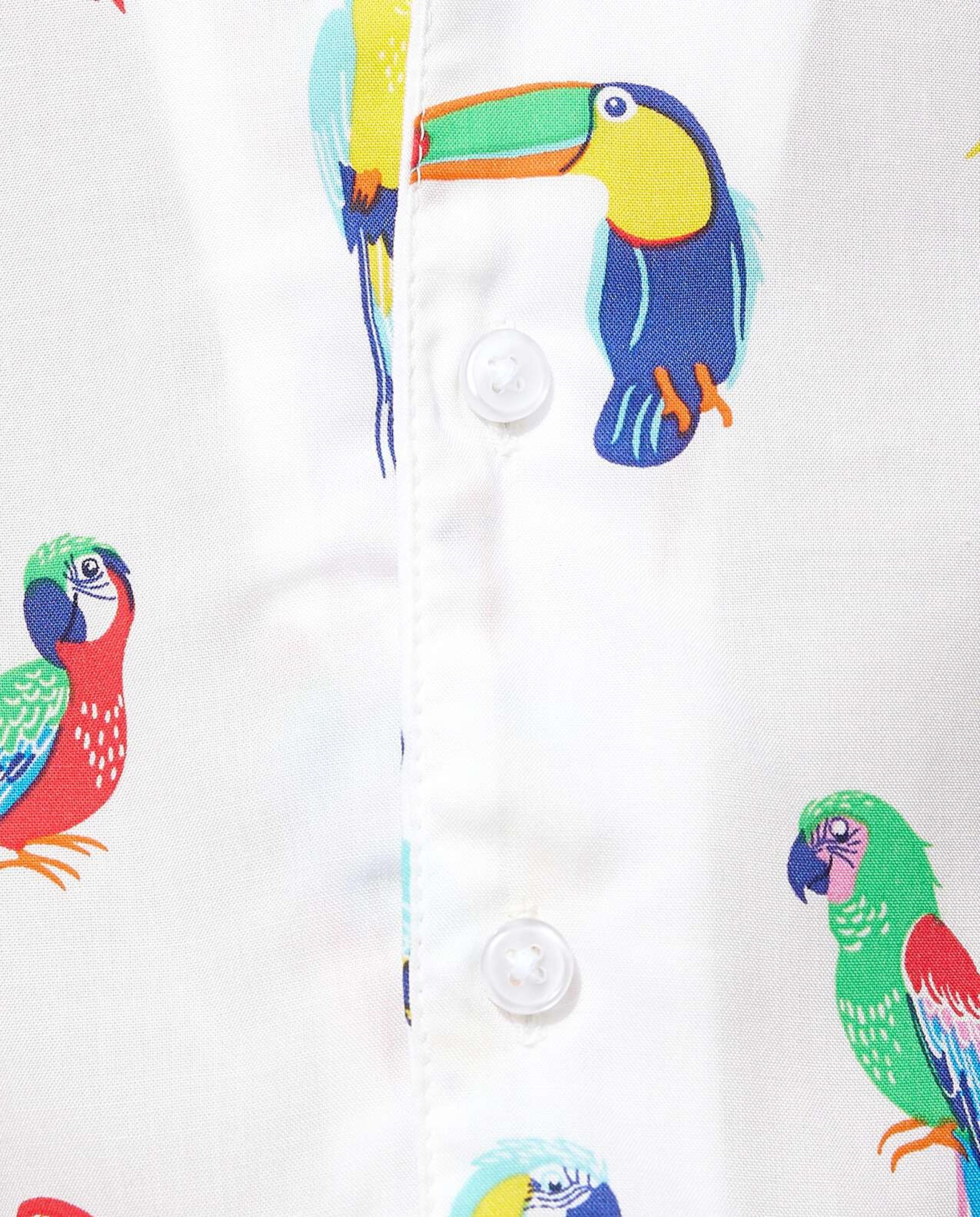 Parrot Print Shirt with Revere Collar and Short Sleeves