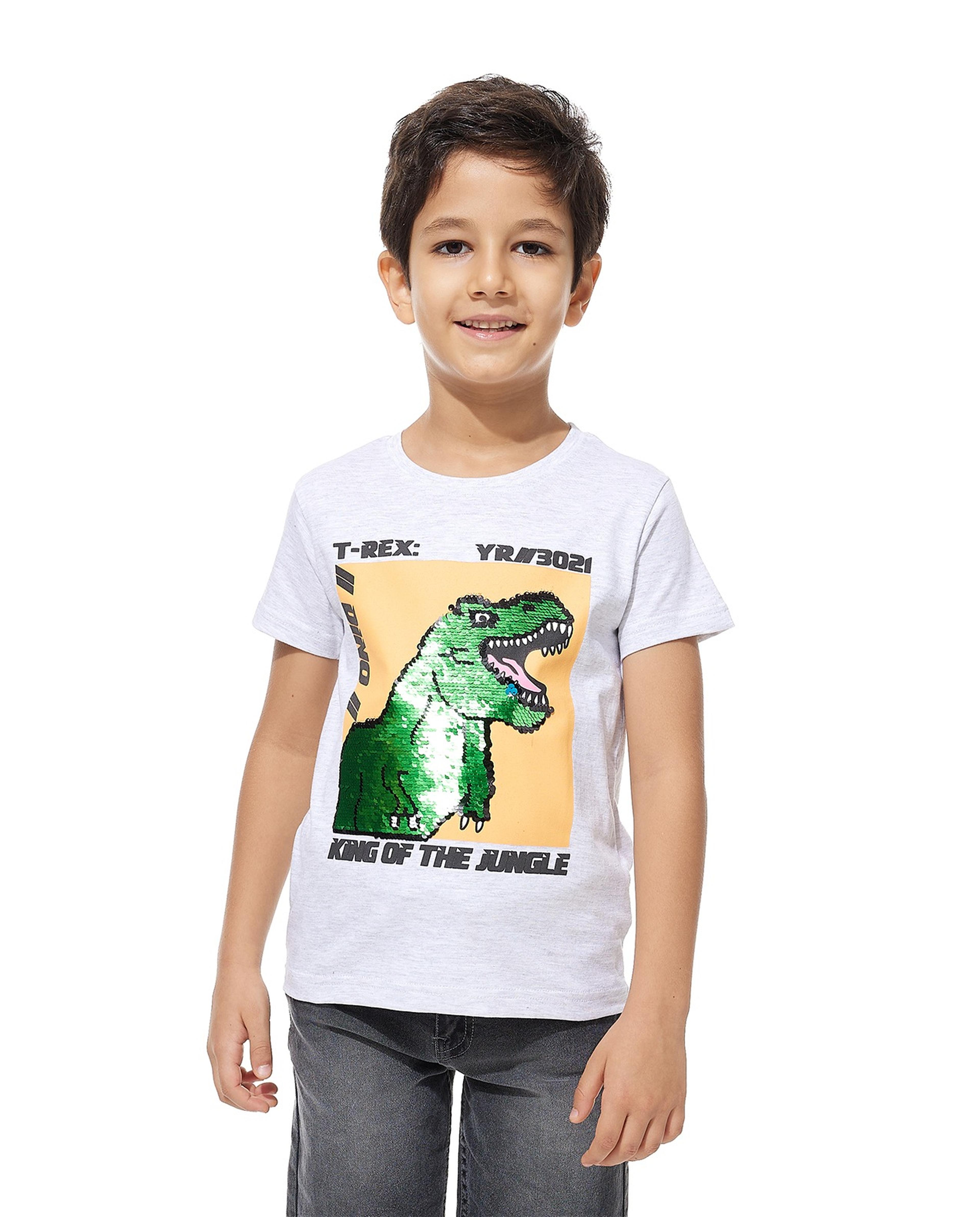 Sequined Dinosaur T-Shirt with Crew Neck and Short Sleeves
