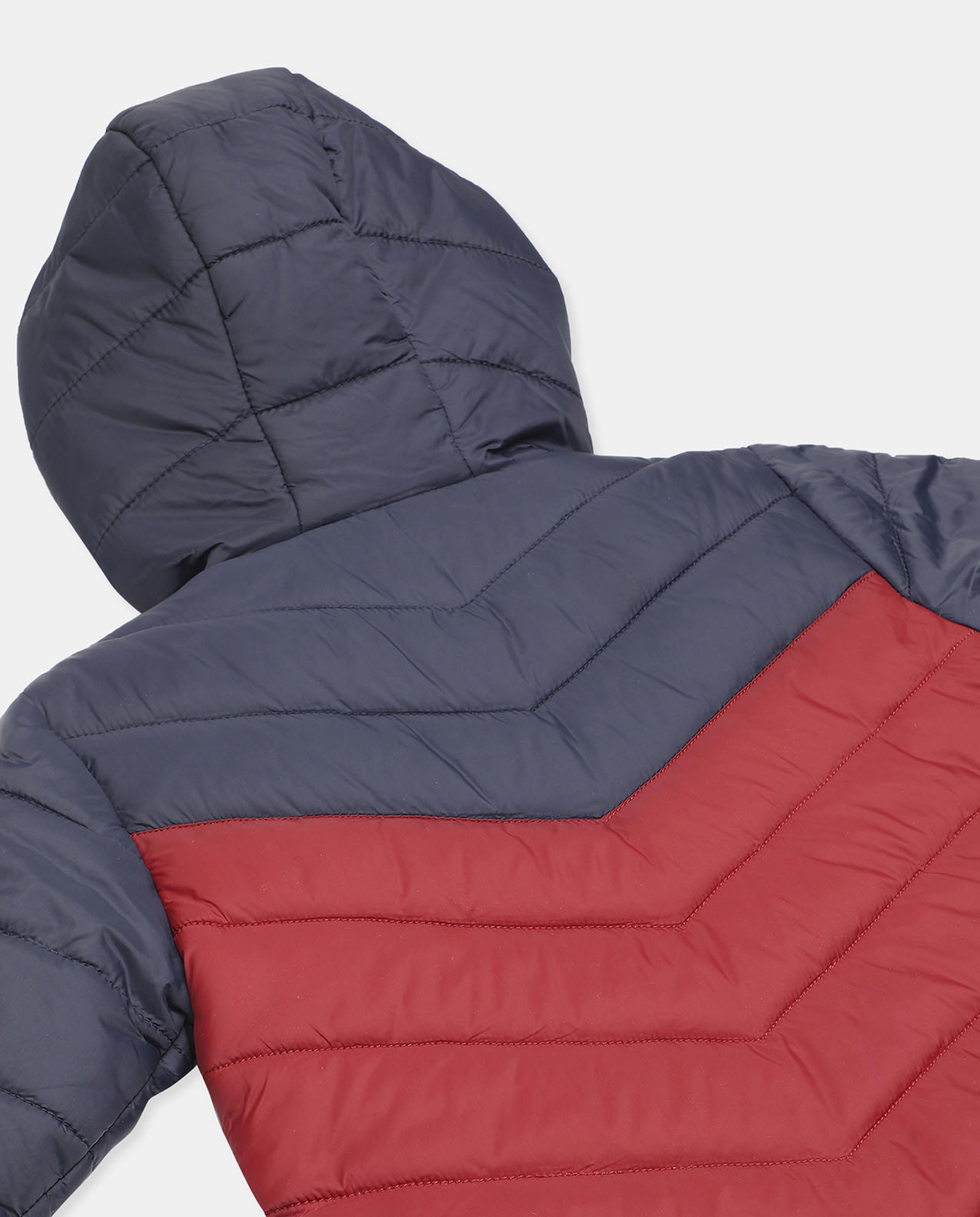 Color Block Hooded Puffer Jacket with Zippered Closure