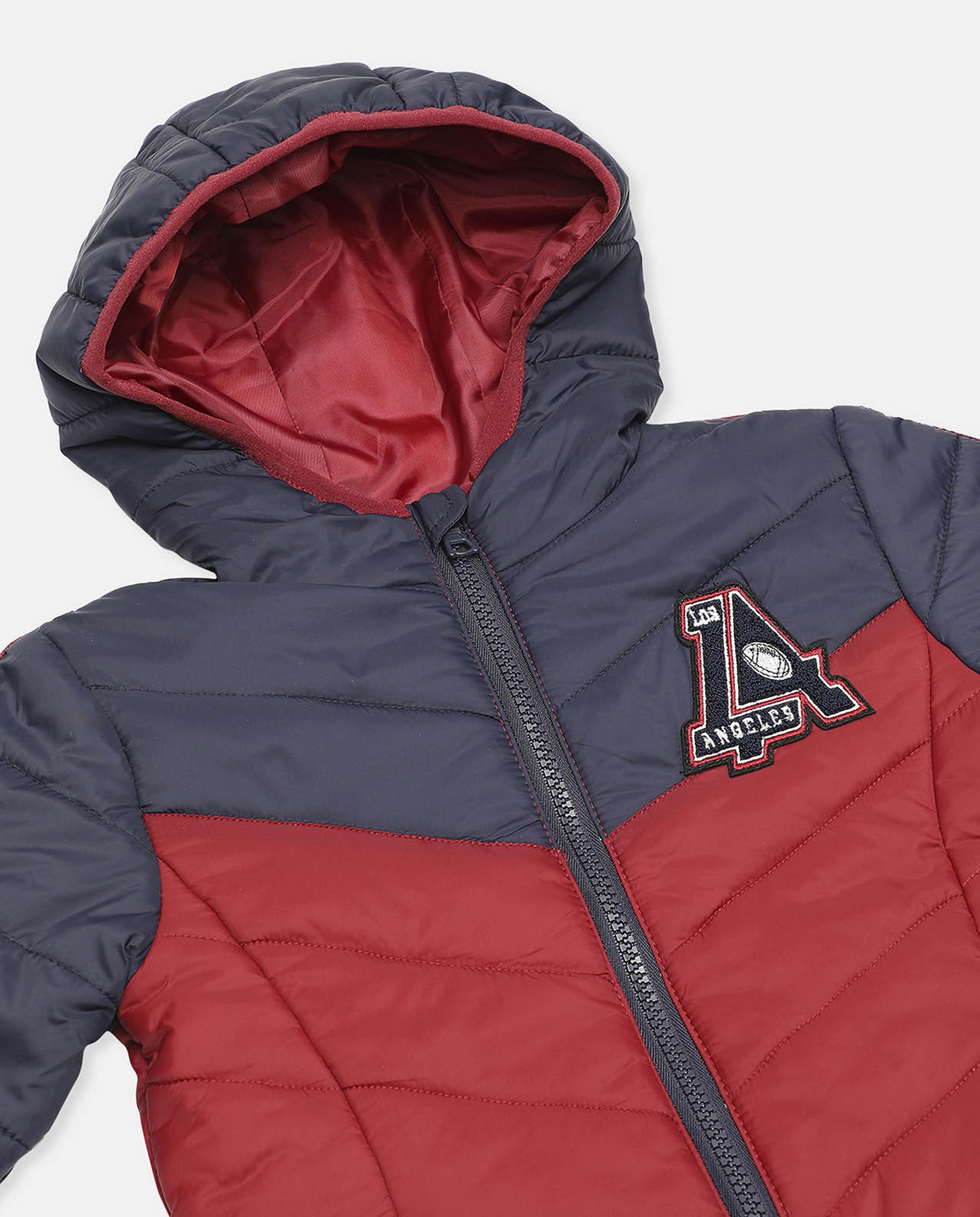 Color Block Hooded Puffer Jacket with Zippered Closure