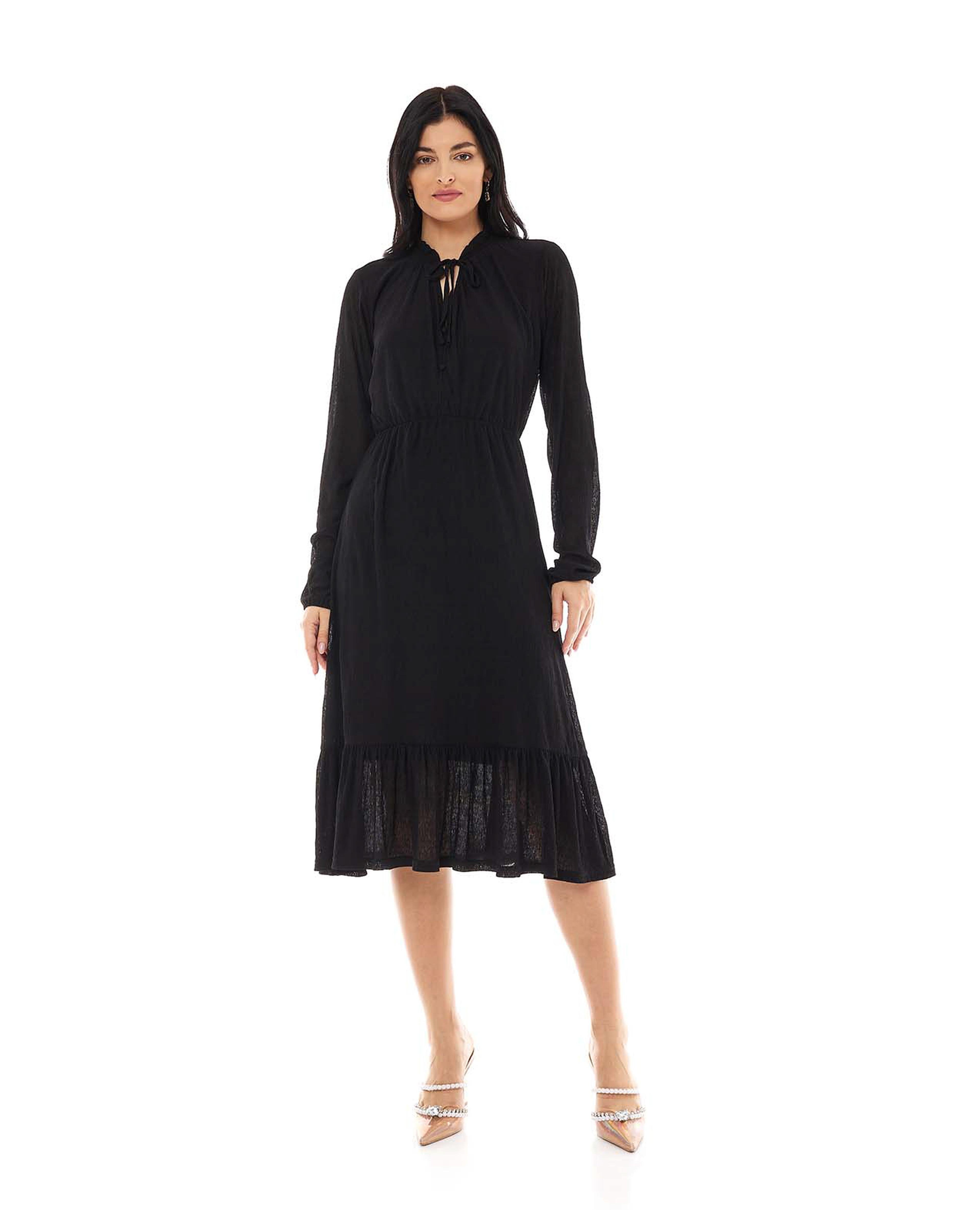 Solid Midi Dress with Keyhole Neck and Long Sleeves