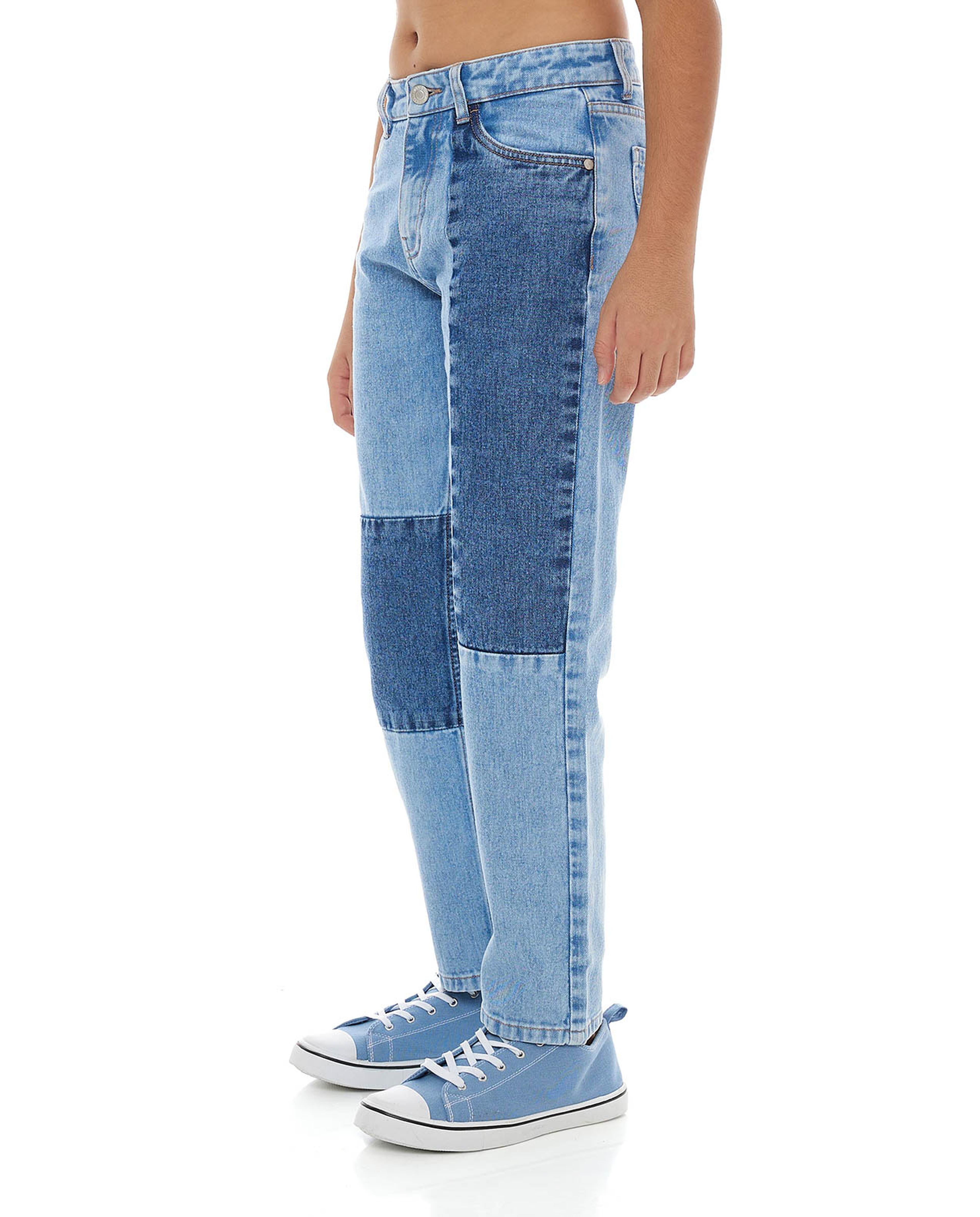 Patch Work Straight Fit Jeans with Button Closure