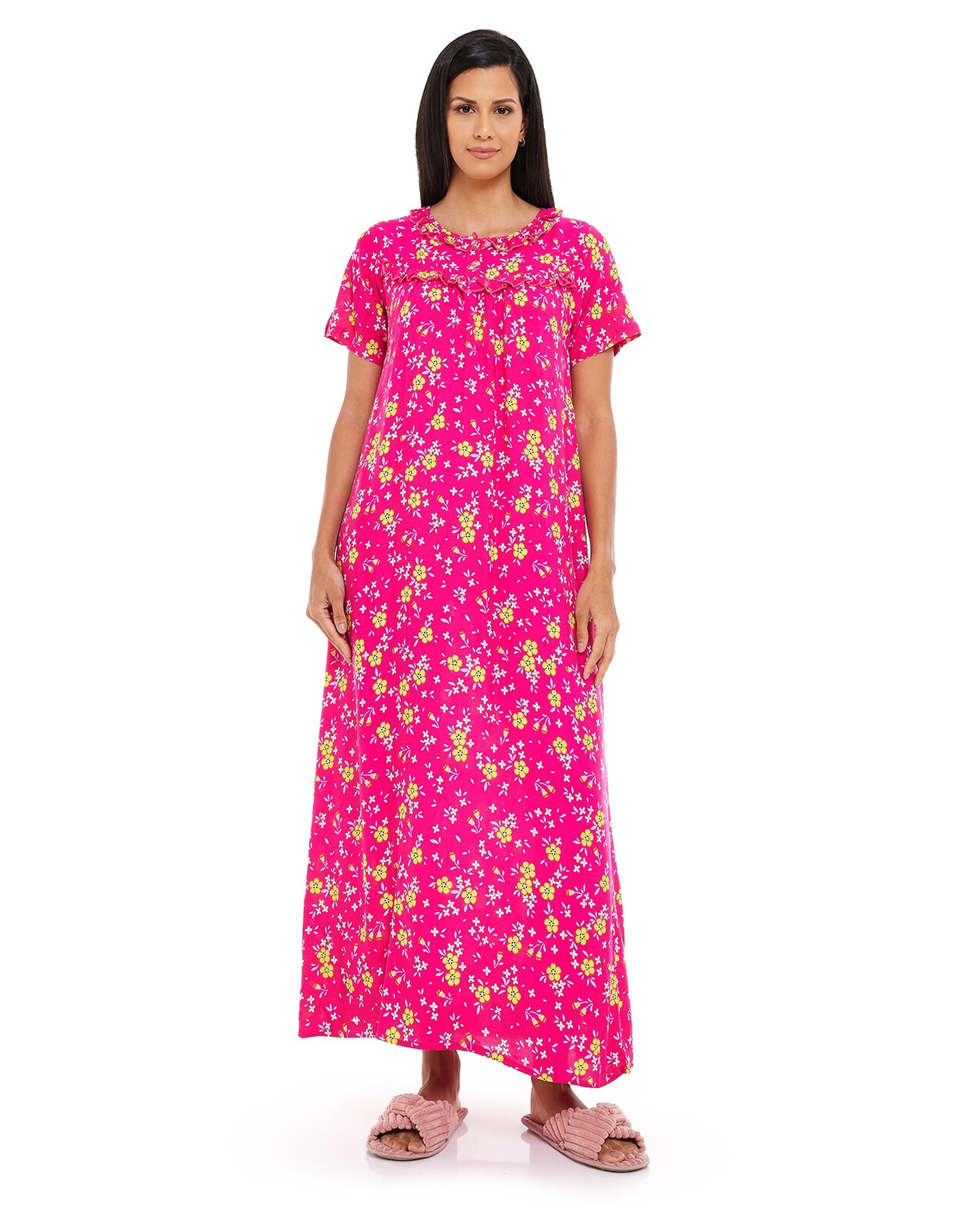Floral Print Night Gown with Crew Neck and Short Sleeves