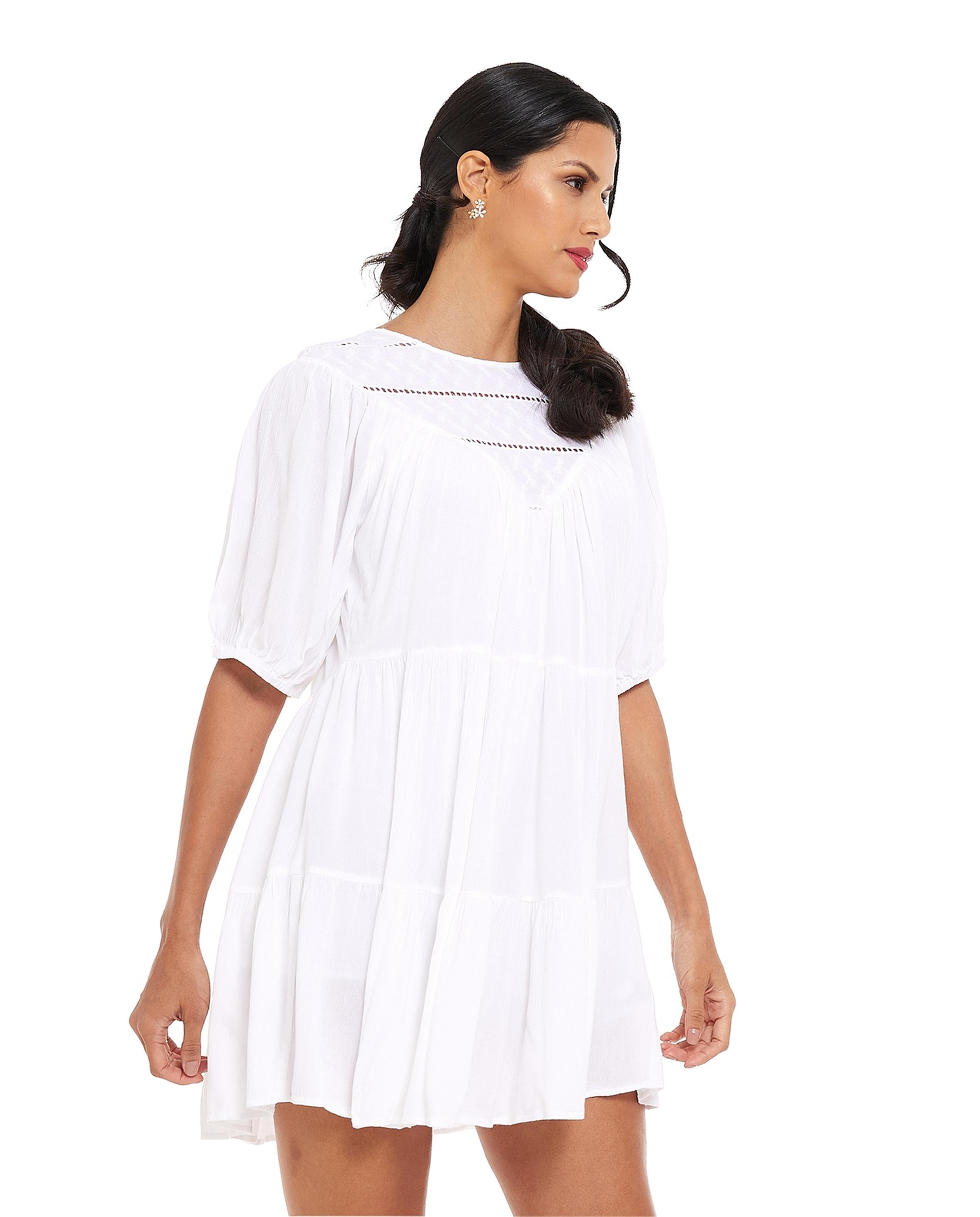 Solid Tiered Dress with Crew Neck and Puff Sleeves