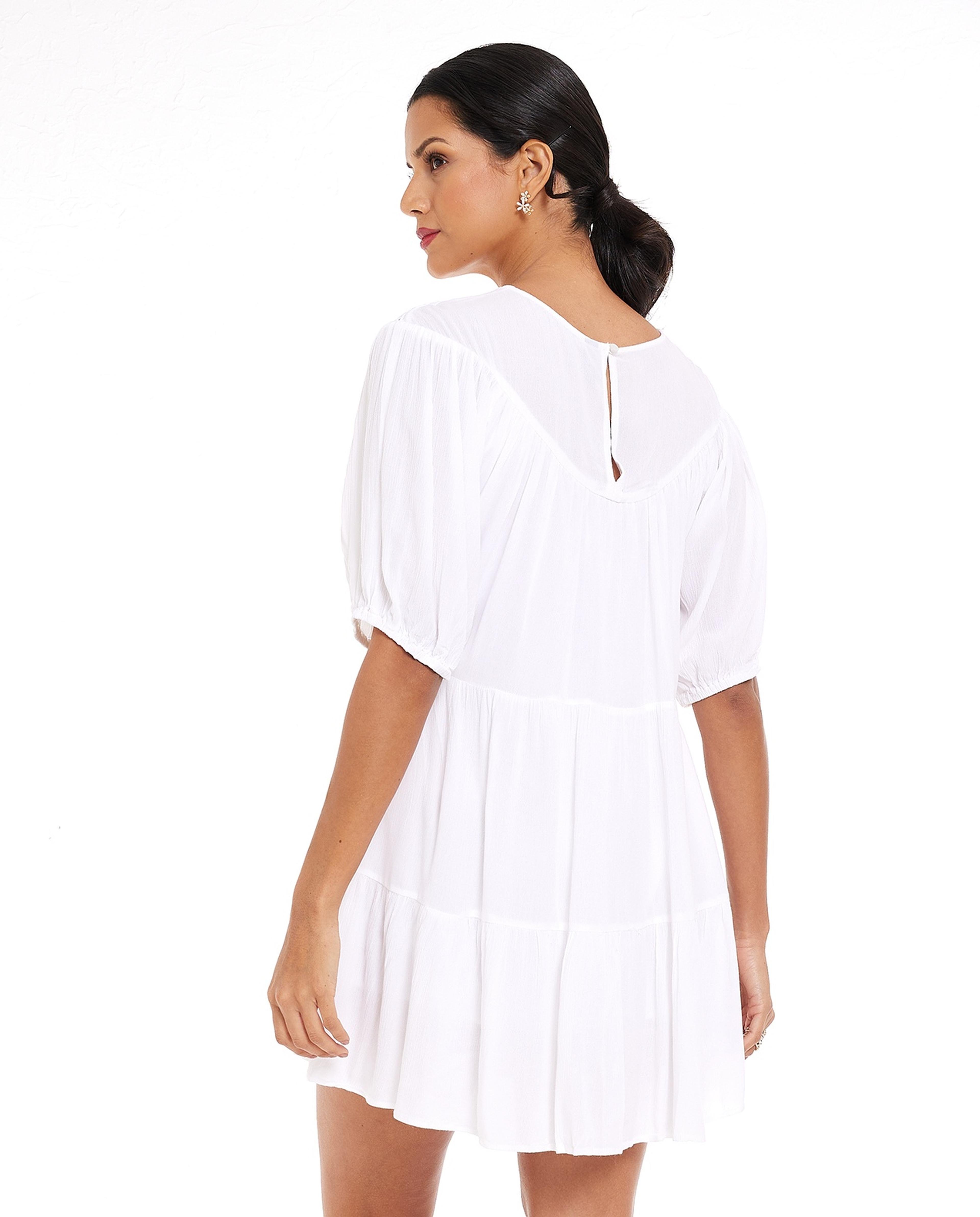 Solid Tiered Dress with Crew Neck and Puff Sleeves