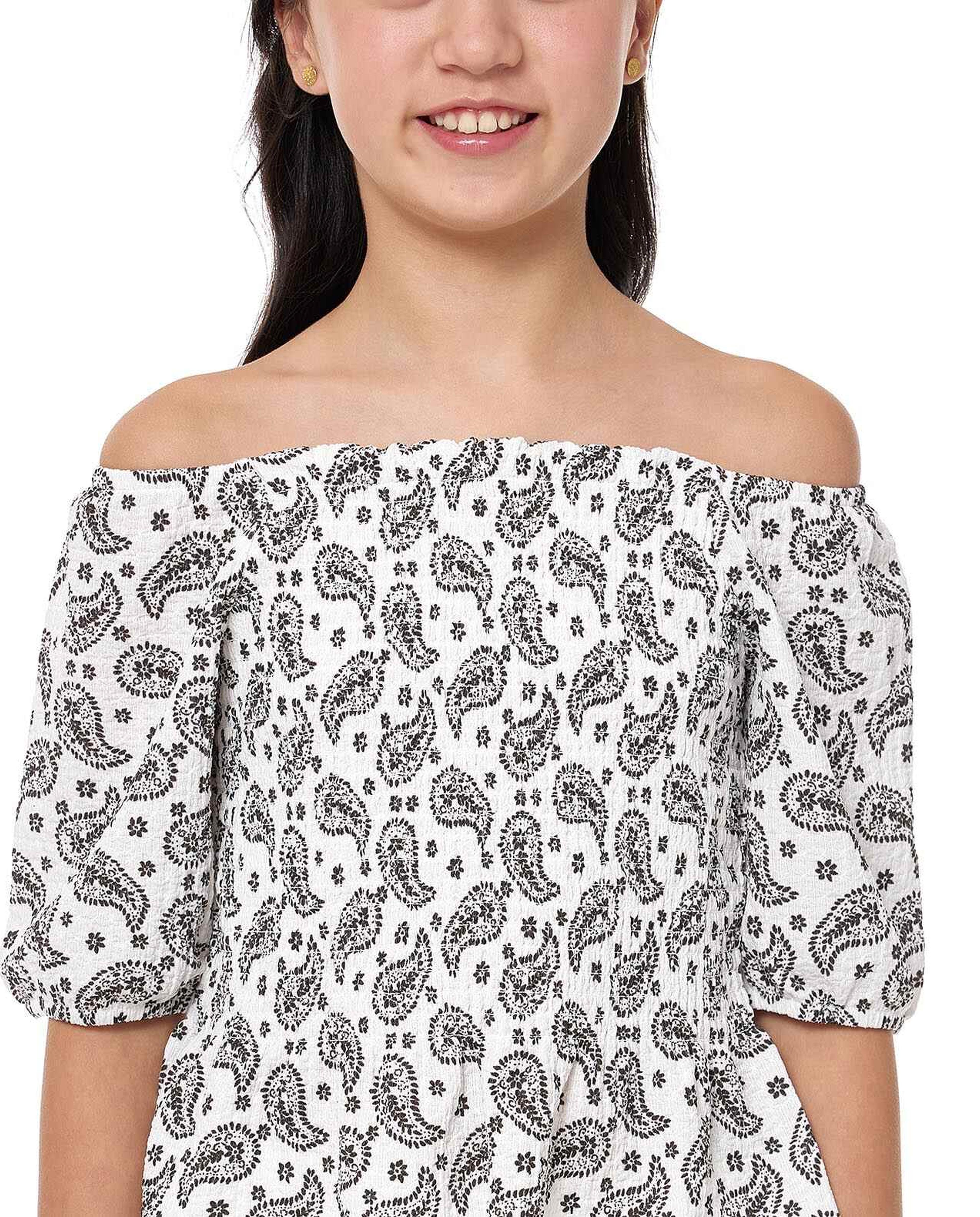 Paisley Print Off Shoulder Top with Puff Sleeves