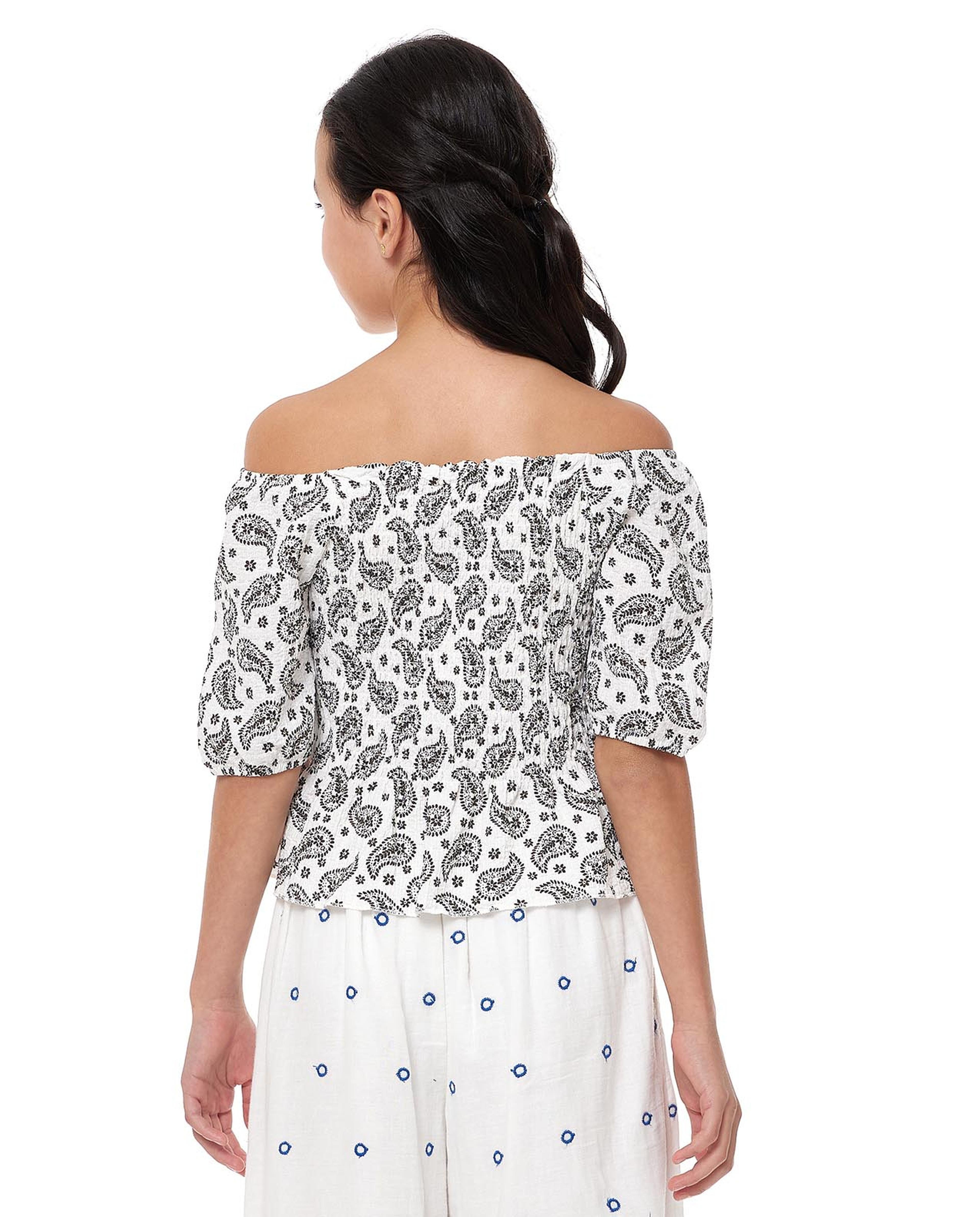Paisley Print Off Shoulder Top with Puff Sleeves