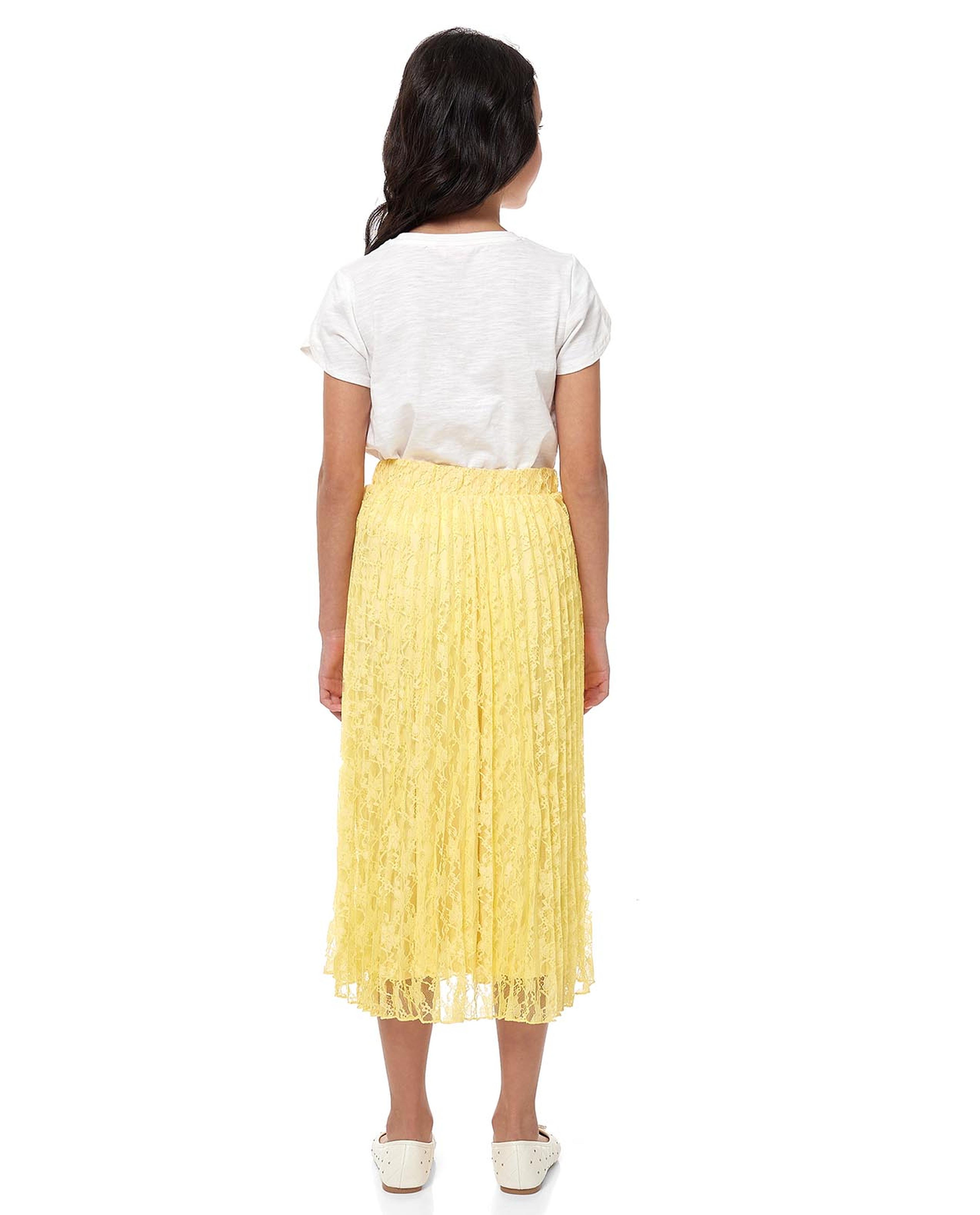 Printed T-Shirt and Laced Pleated Skirt