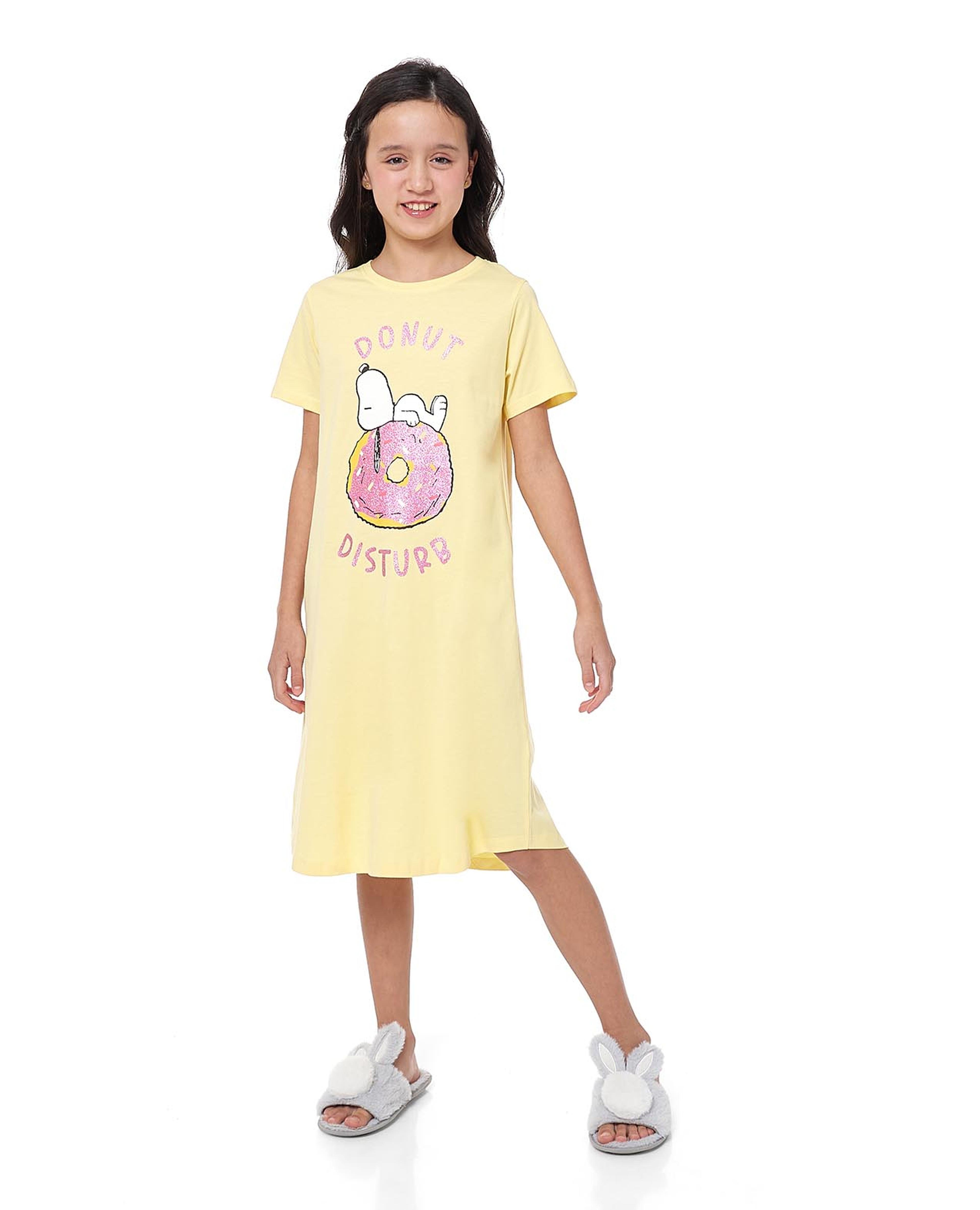 Snoopy Print Night Dress with Crew Neck and Short Sleeves