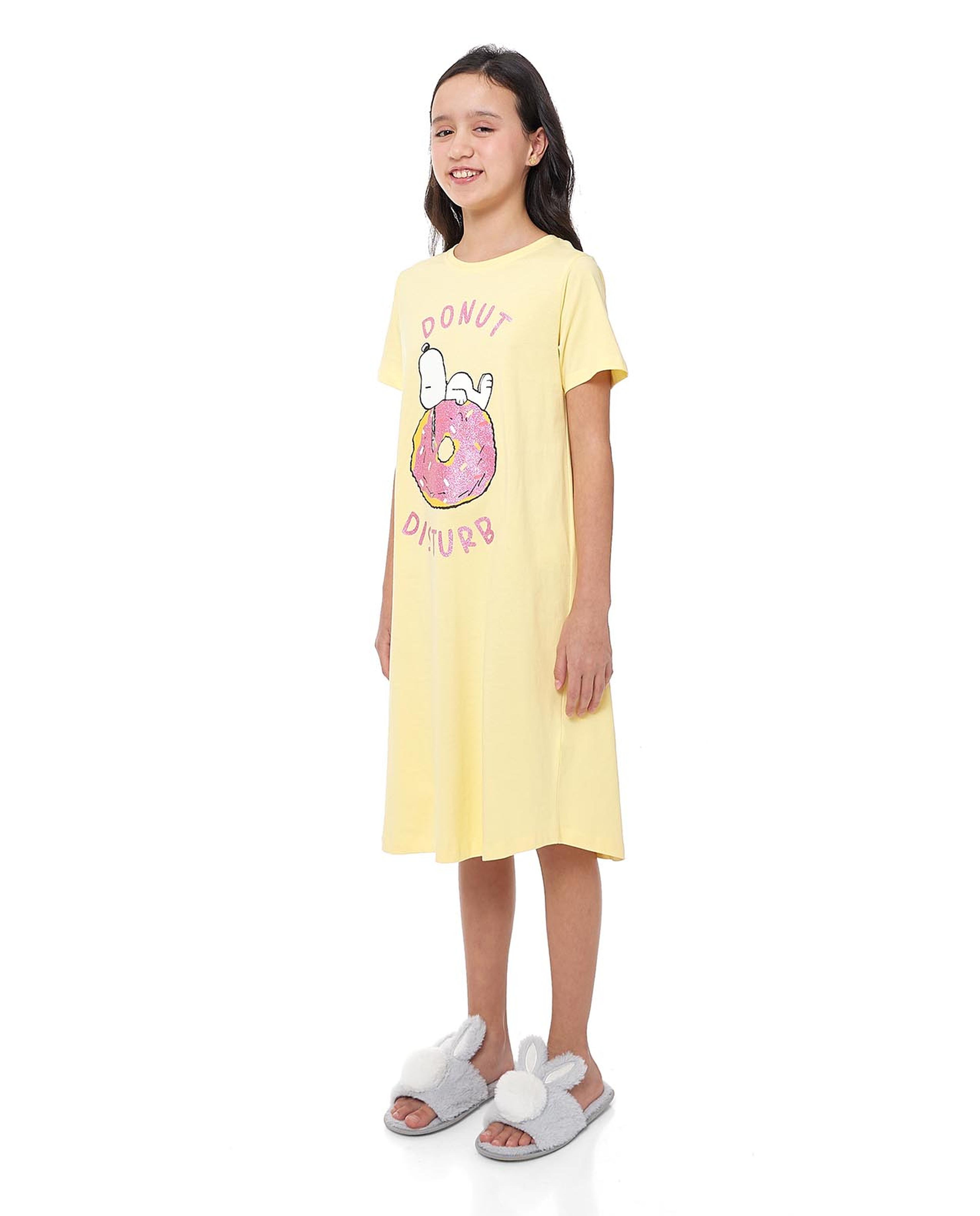 Snoopy Print Night Dress with Crew Neck and Short Sleeves