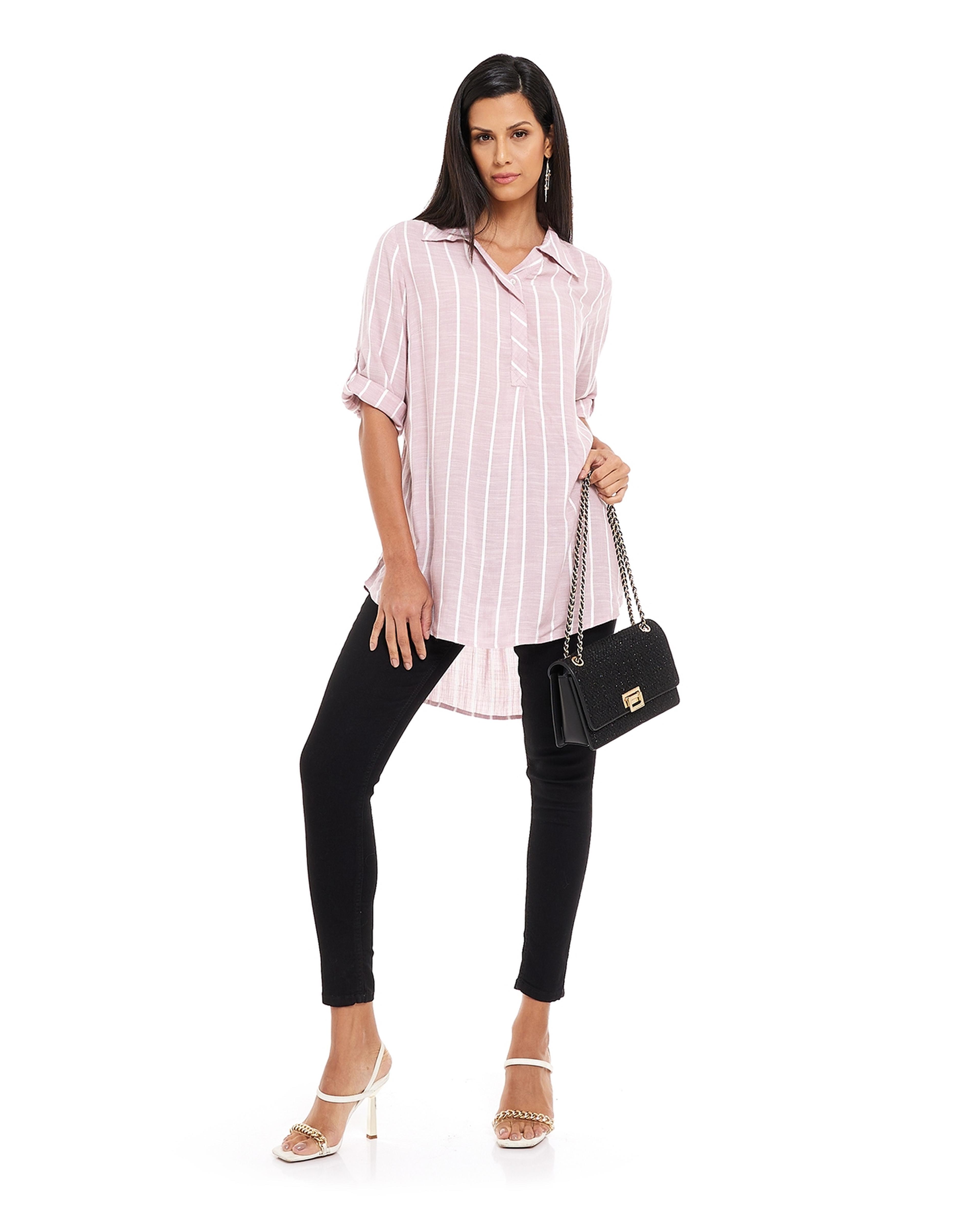 Striped Tunic with Classic Collar and 3/4 Sleeves